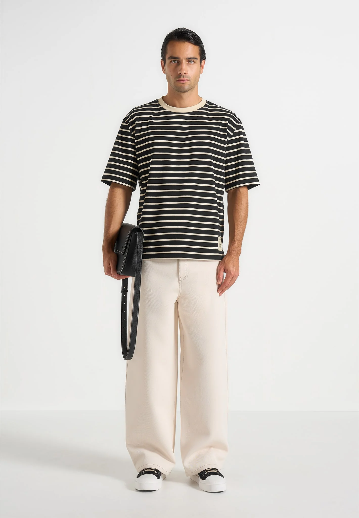 Riley - Unisex Striped Relaxed Fit Cotton T-Shirt - Black/Cream - Image 2