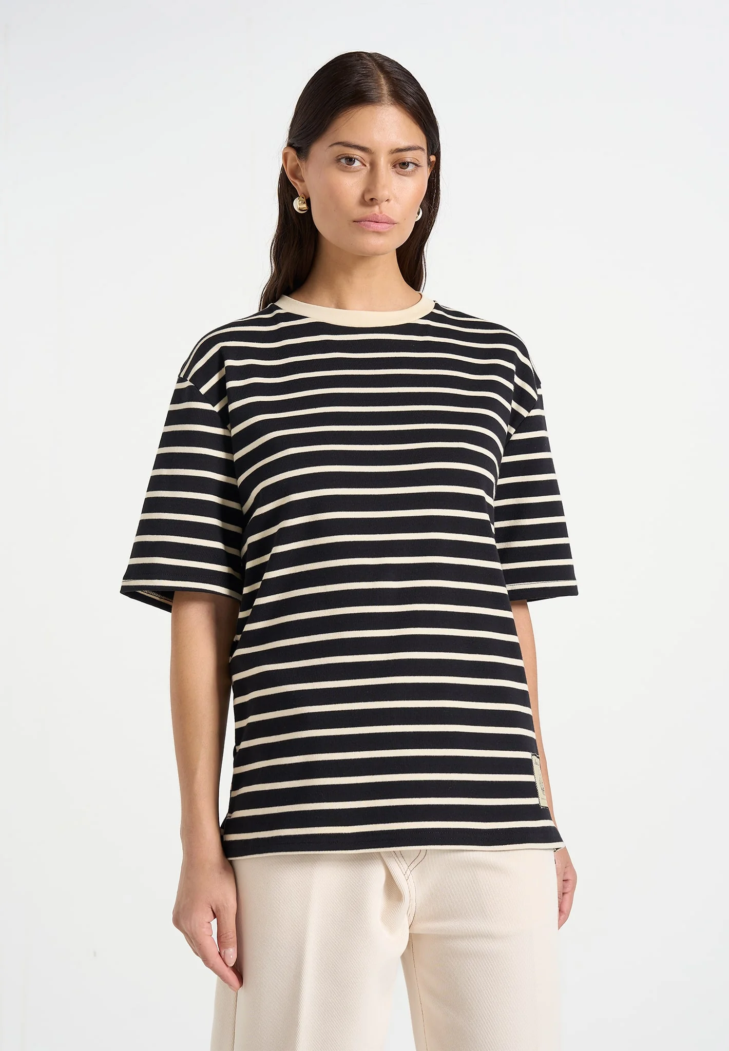 Riley - Unisex Striped Relaxed Fit Cotton T-Shirt - Black/Cream - Image 4