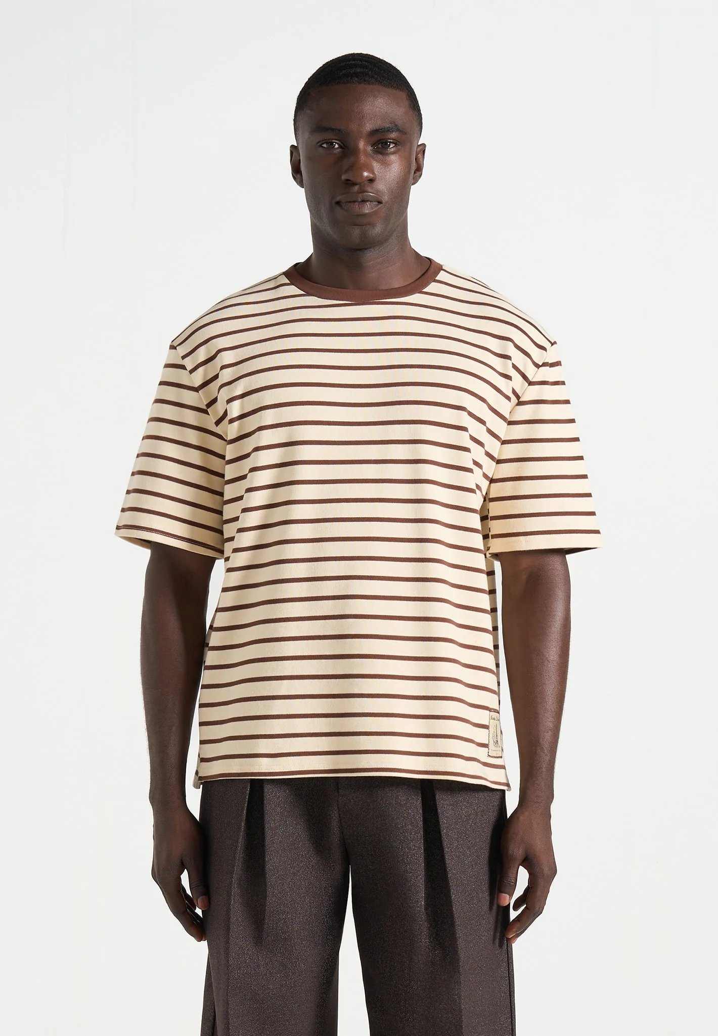 Riley - Unisex Striped Relaxed Fit Cotton T-Shirt - Cream/Brown - Image 5
