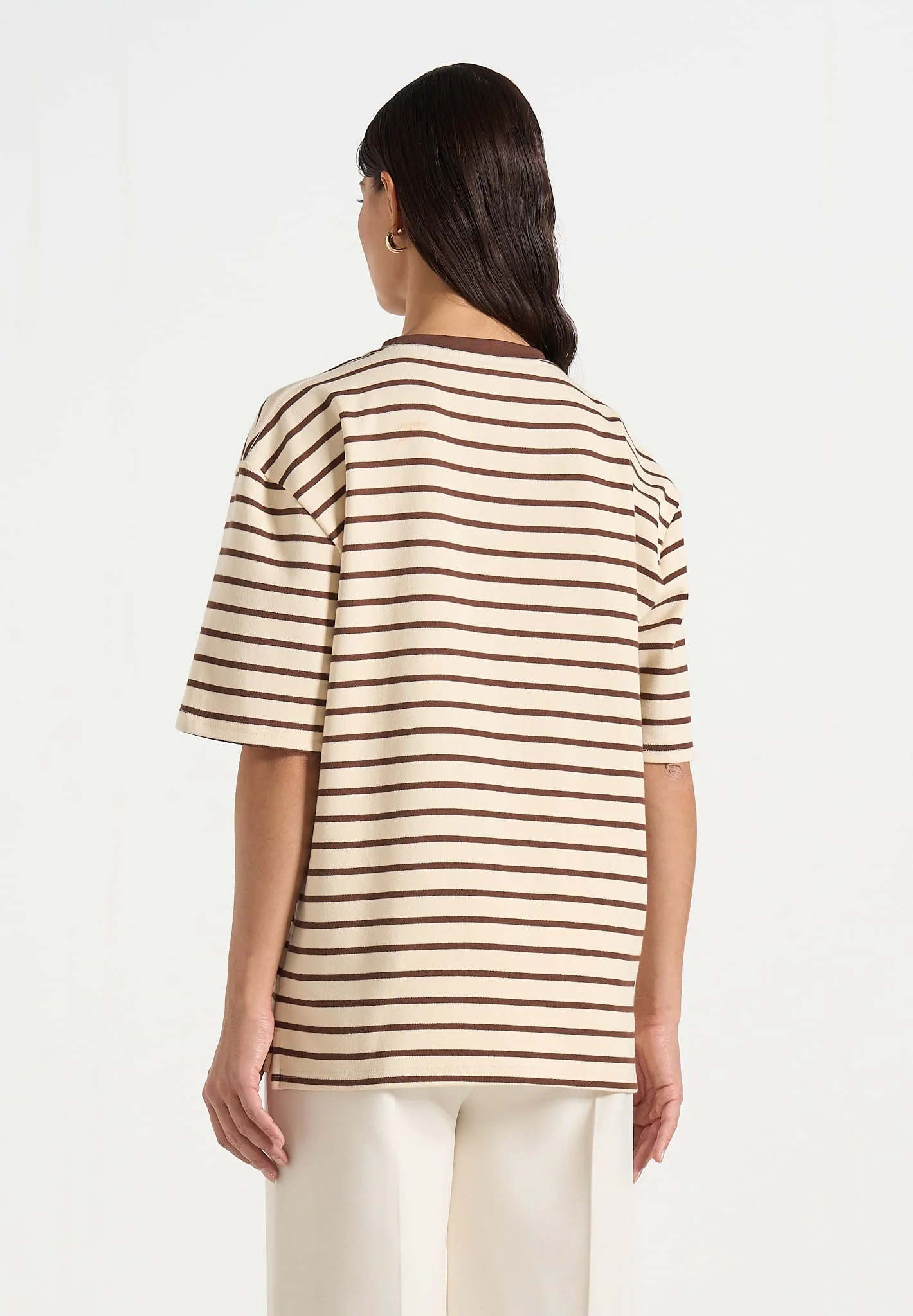 Riley - Unisex Striped Relaxed Fit Cotton T-Shirt - Cream/Brown - Image 6