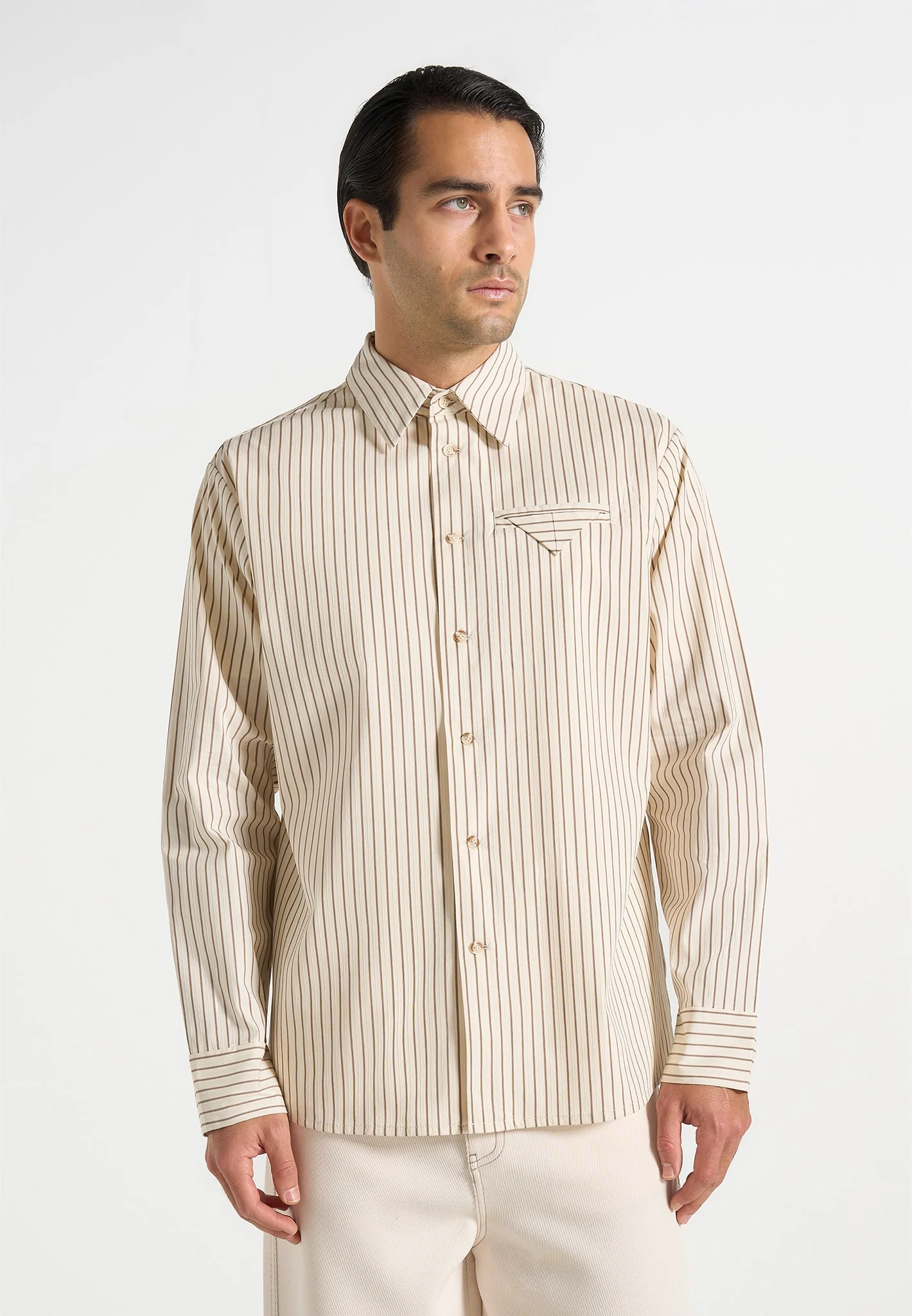 Ronnie - Unisex Pinstripe Long Sleeve Shirt - Beige - Image 4