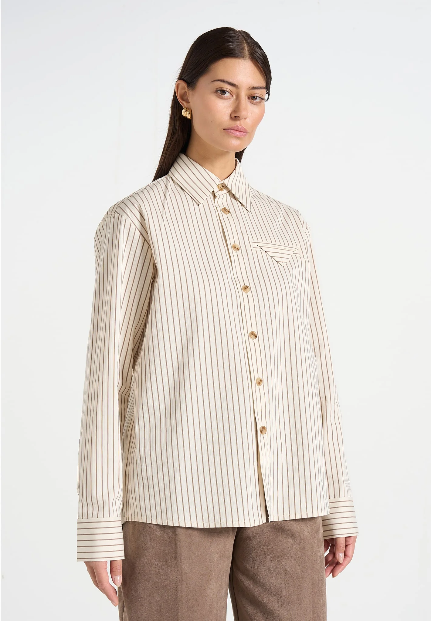 Ronnie - Unisex Pinstripe Long Sleeve Shirt - Beige - Image 5