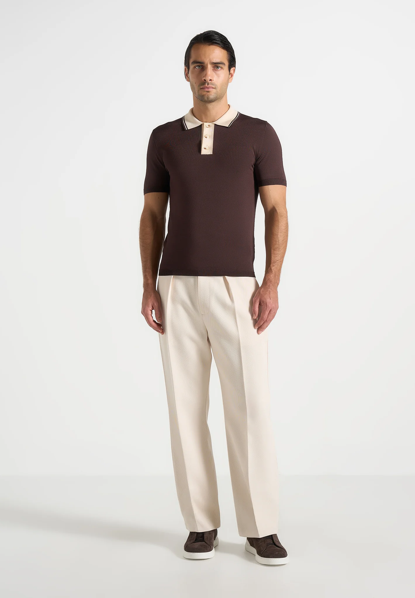 Roux - Contrast Detail Luxe Knit Polo Shirt - Brown - Image 2