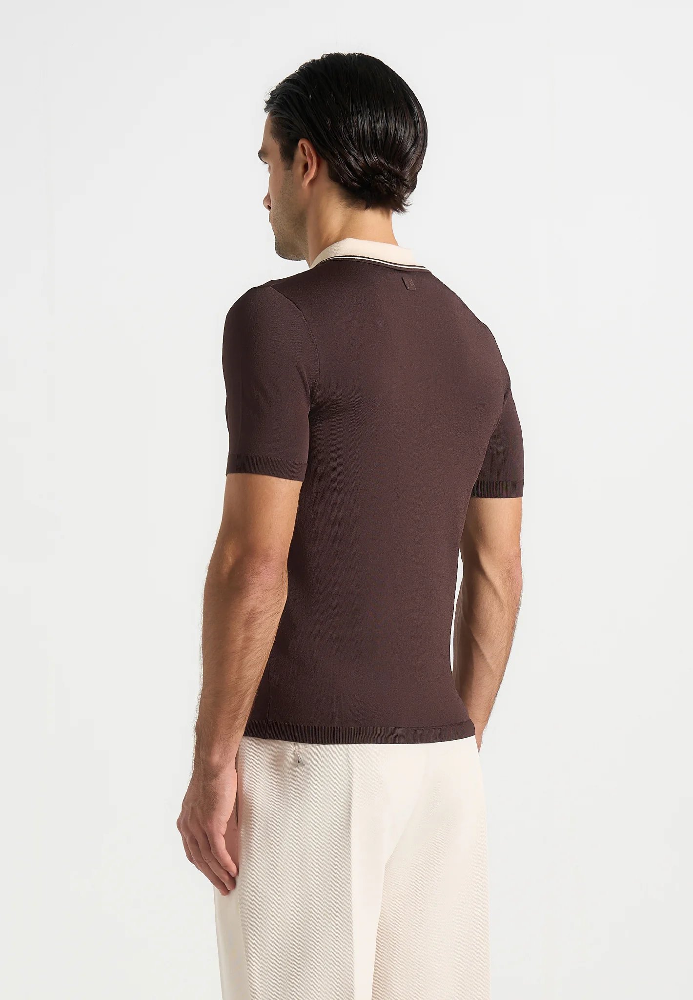 Roux - Contrast Detail Luxe Knit Polo Shirt - Brown - Image 3