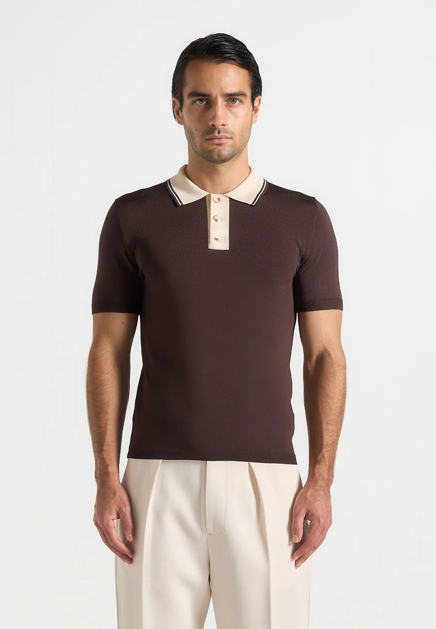 Roux - Contrast Detail Luxe Knit Polo Shirt - Brown - Image 4
