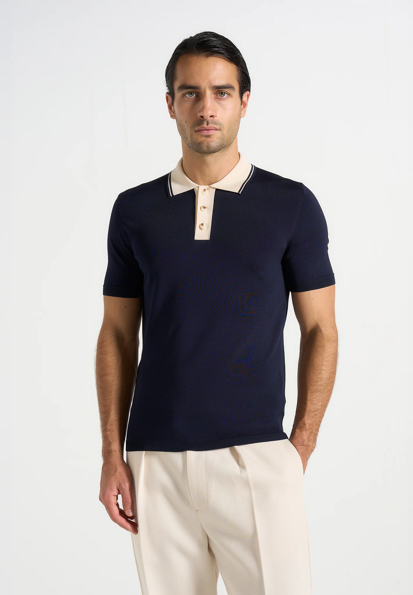 Roux - Contrast Detail Luxe Knit Polo Shirt - Navy