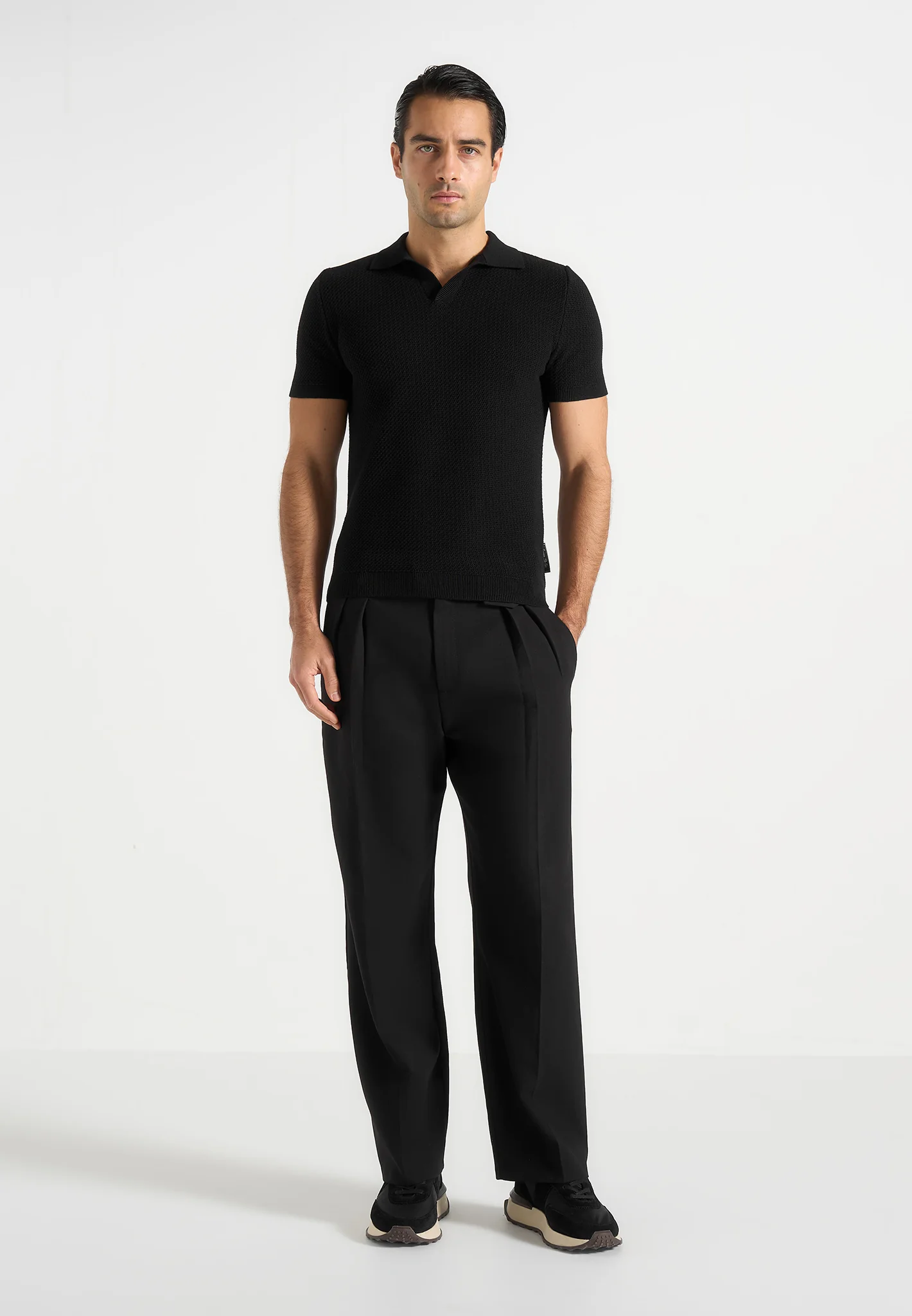 Rowen - Textured Knit Revere Polo Shirt - Black - Image 2