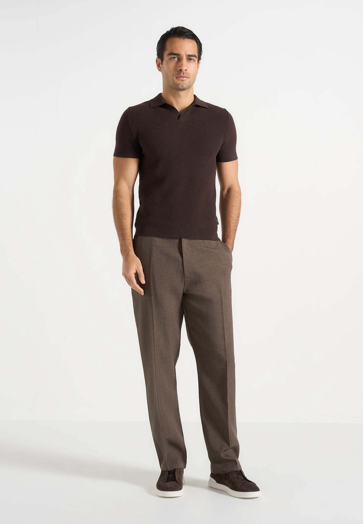 Rowen - Textured Knit Revere Polo Shirt - Brown - Image 2