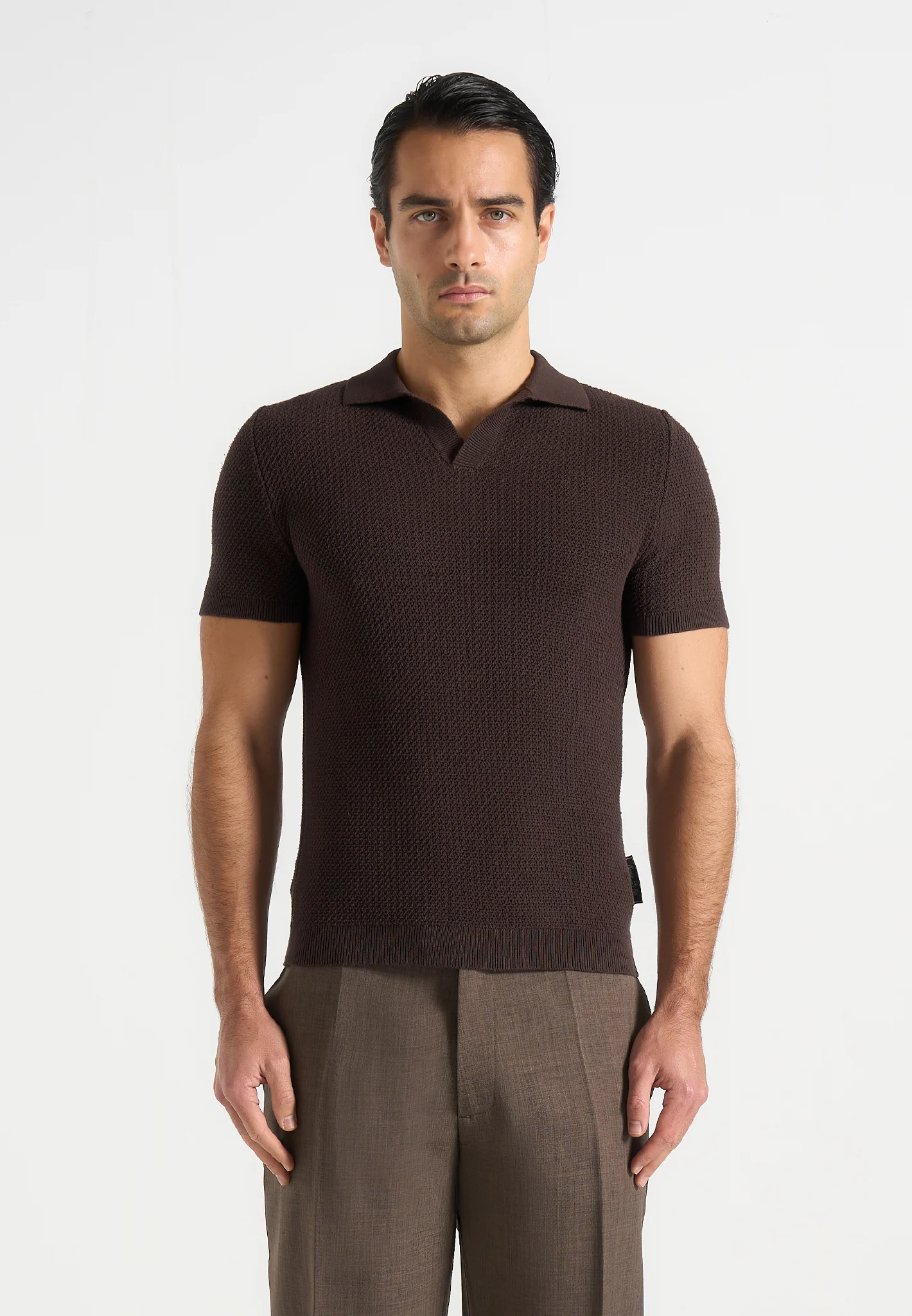 Rowen - Textured Knit Revere Polo Shirt - Brown - Image 3