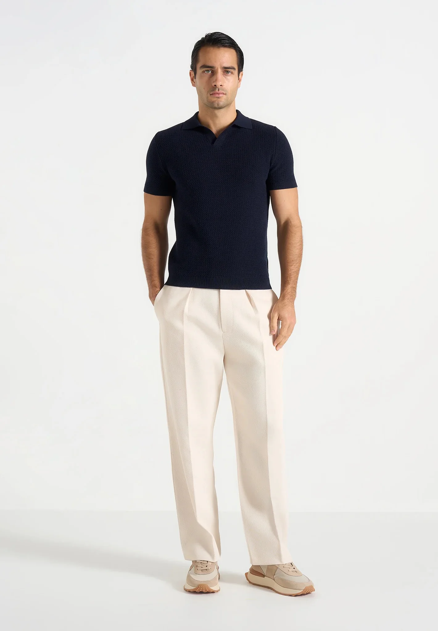 Rowen - Textured Knit Revere Polo Shirt - Navy - Image 2