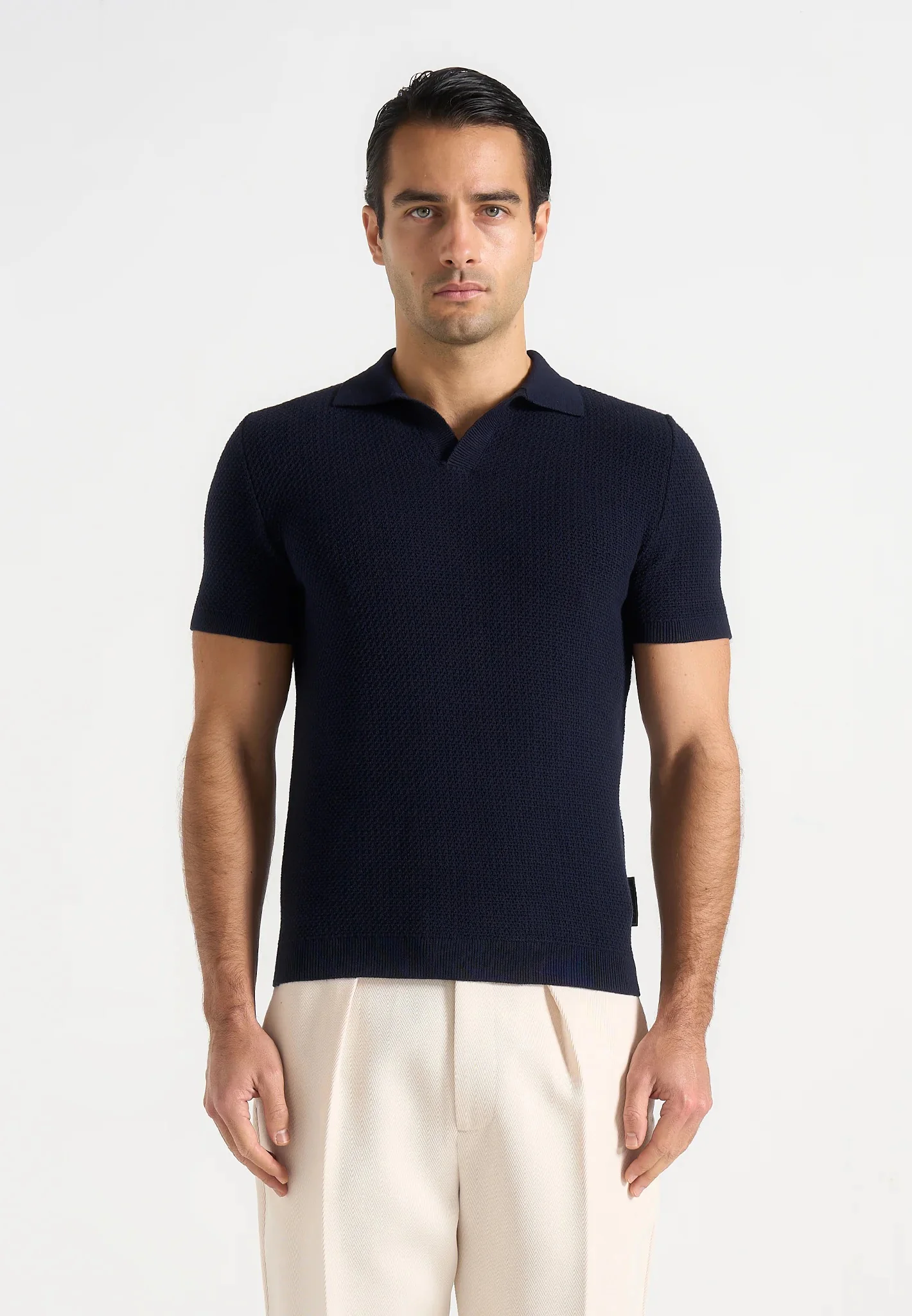 Rowen - Textured Knit Revere Polo Shirt - Navy - Image 4