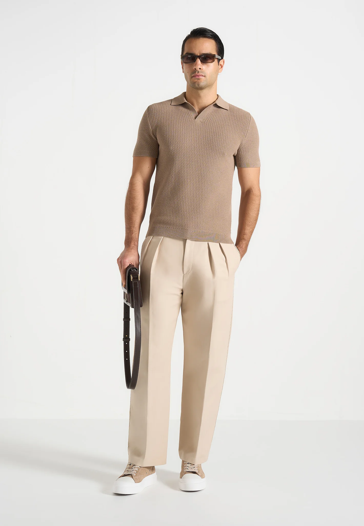 Rowen - Textured Knit Revere Polo Shirt - Taupe - Image 2