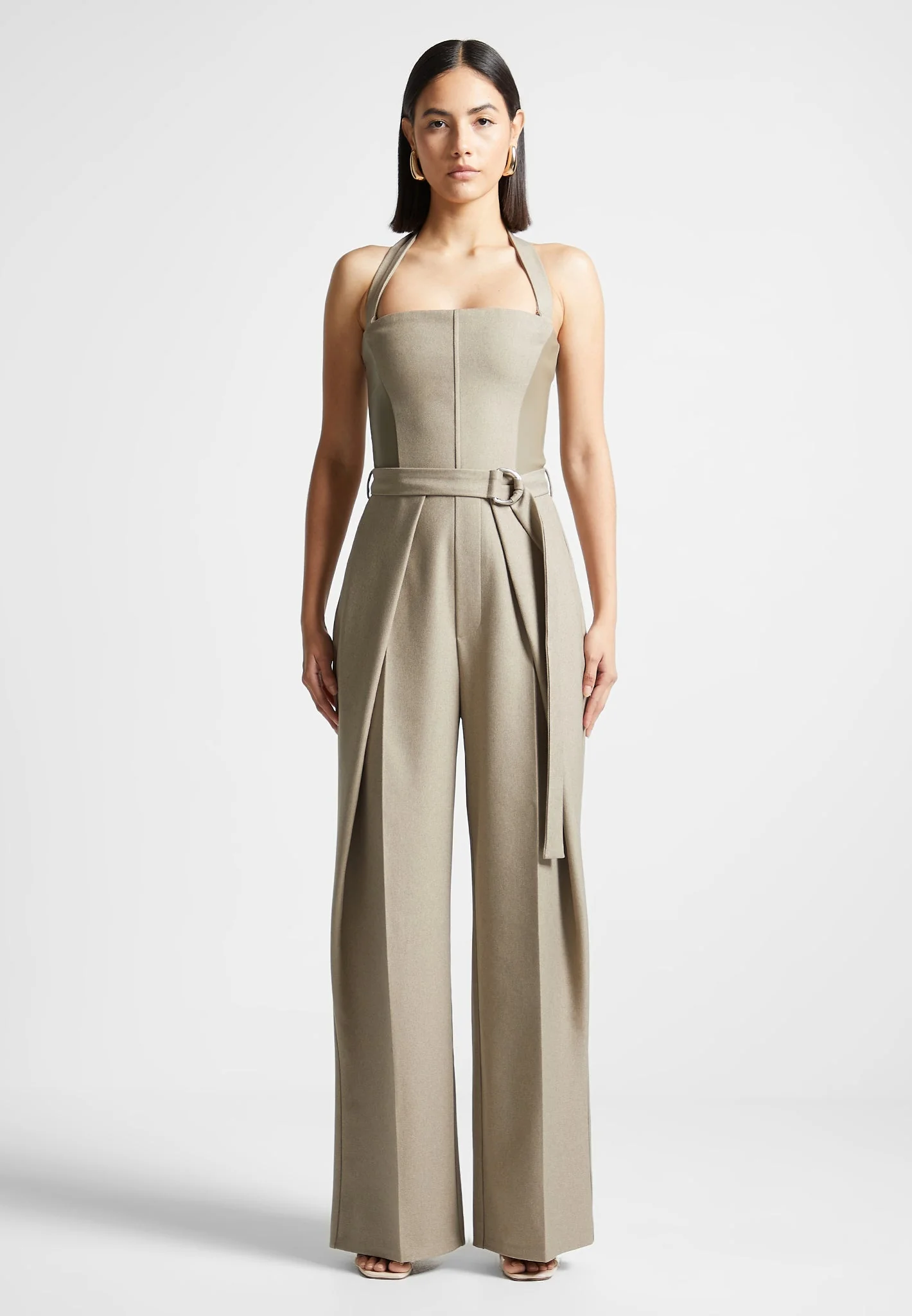 Sabine - Tailored Pleat Jumpsuit with Belt - Beige - Image 3