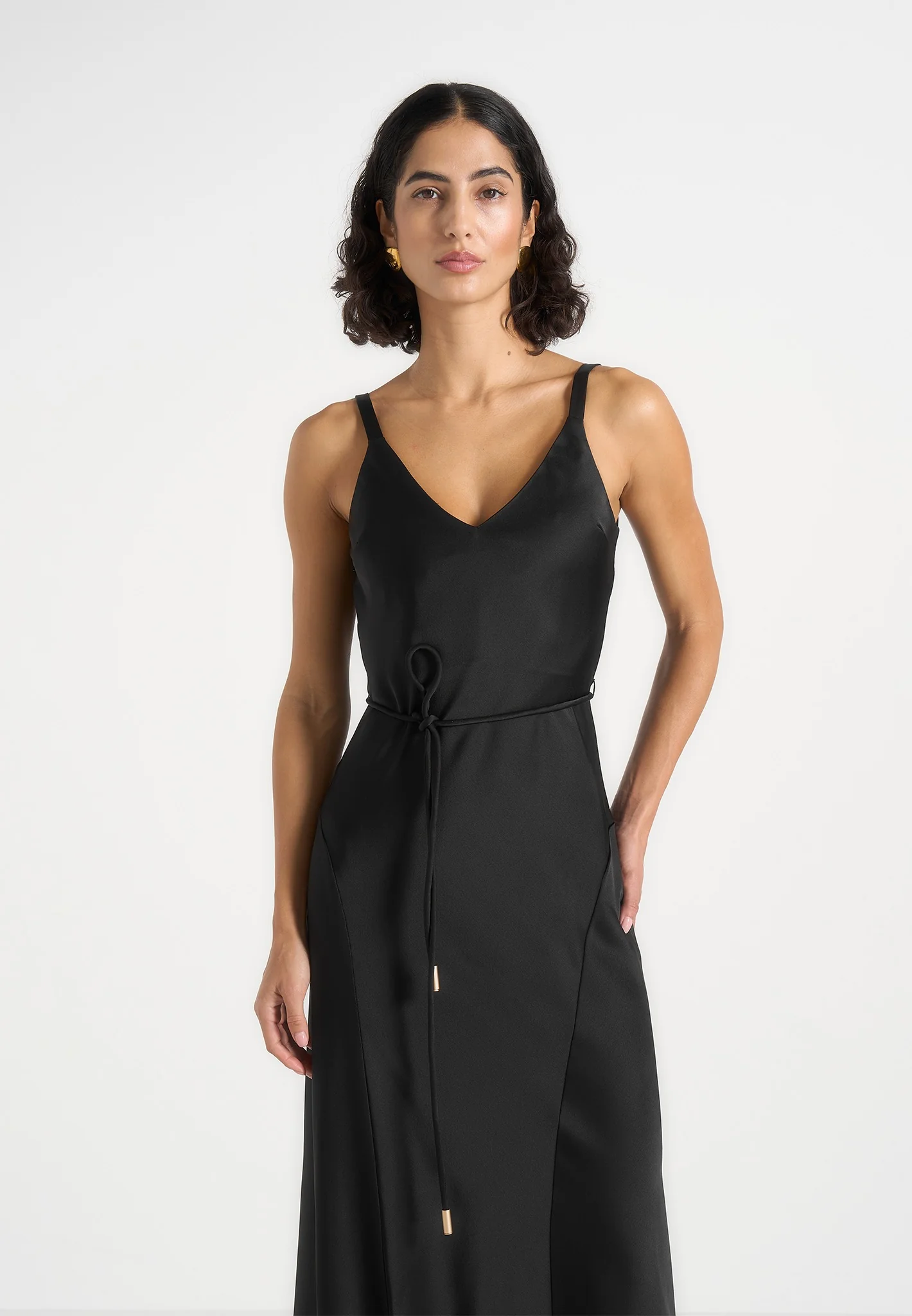 Saffron - Satin Belted Maxi Dress - Black - Image 3