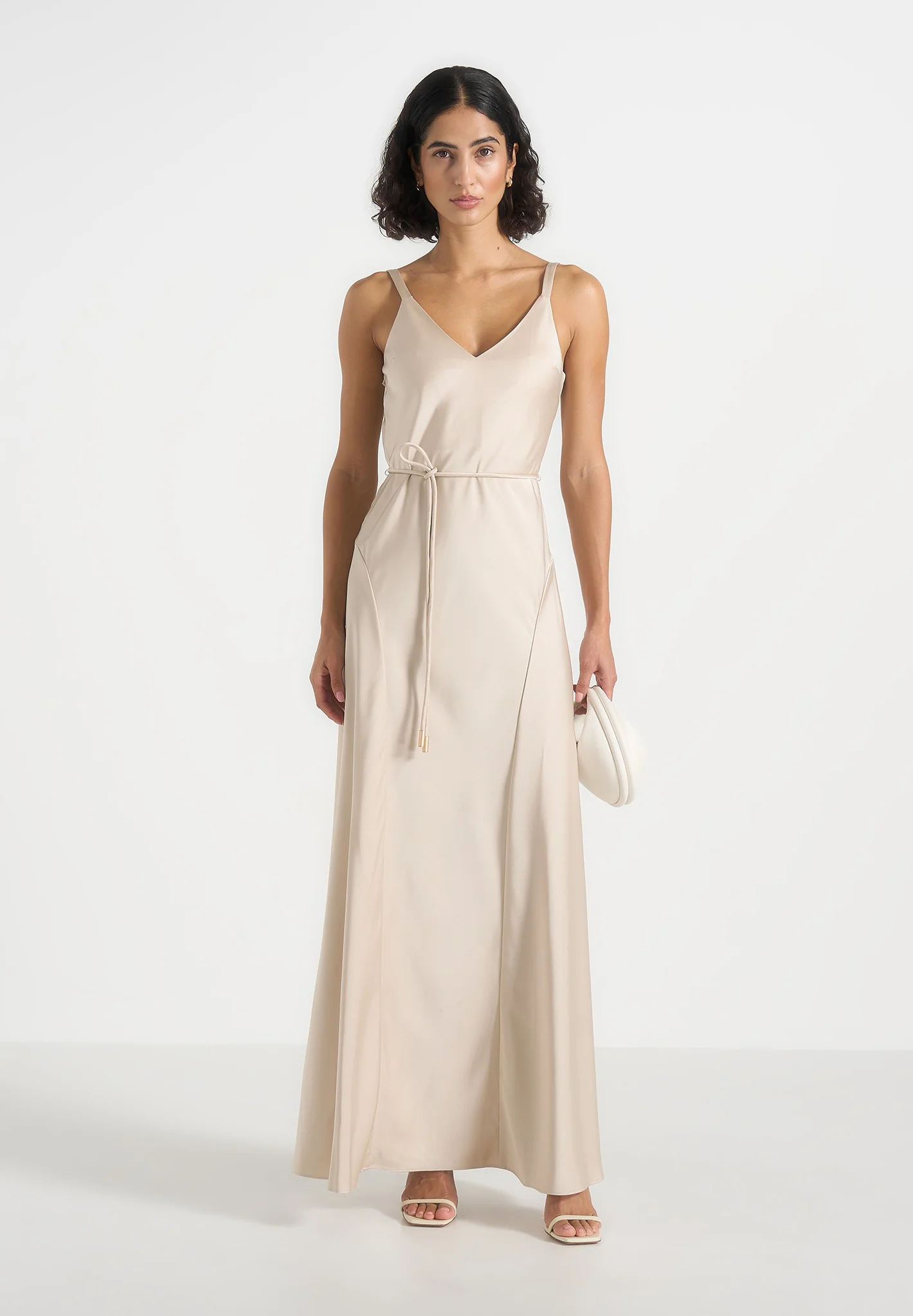 Saffron - Satin Belted Maxi Dress - Champagne