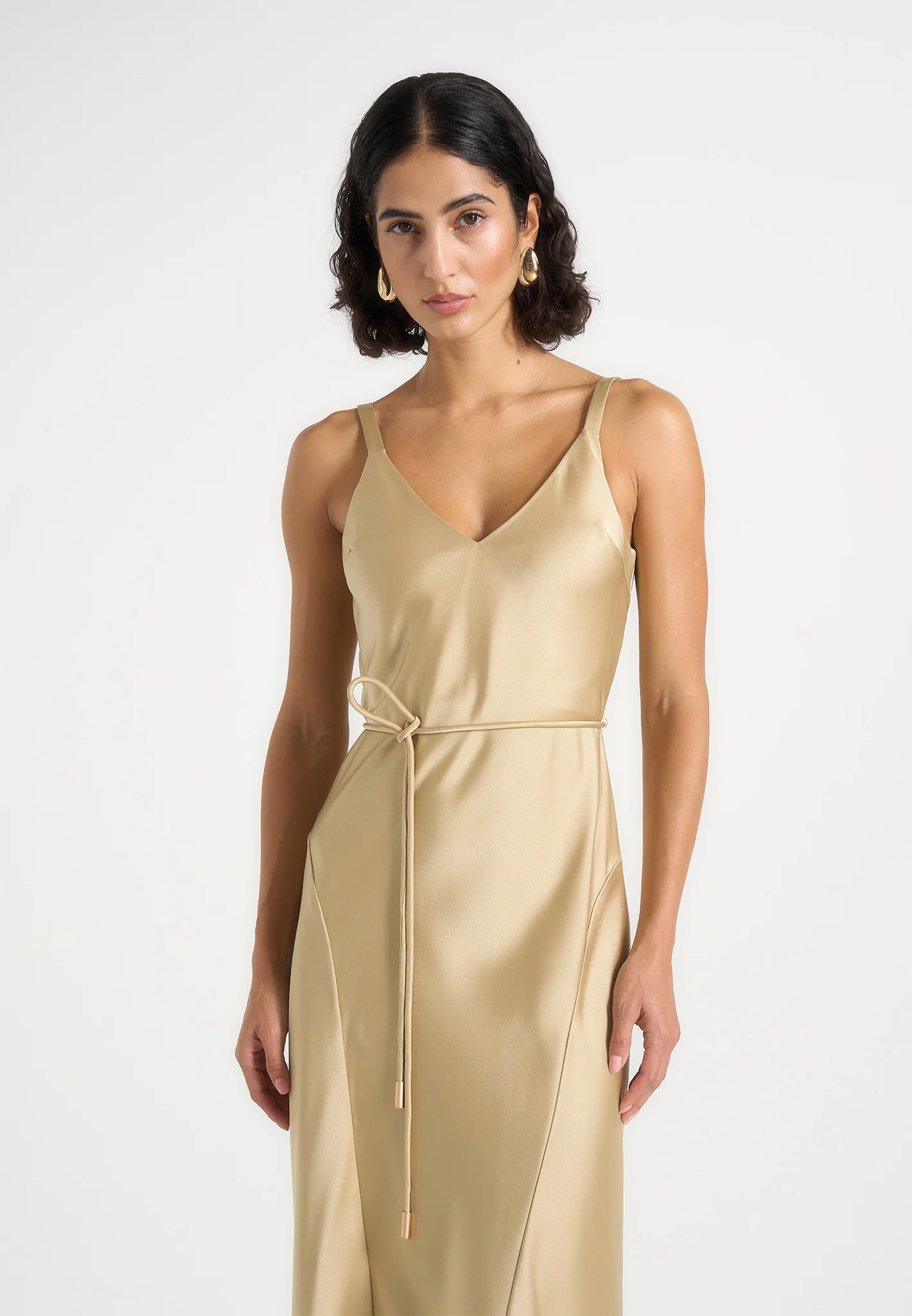 Saffron - Satin Belted Maxi Dress - Gold - Image 4