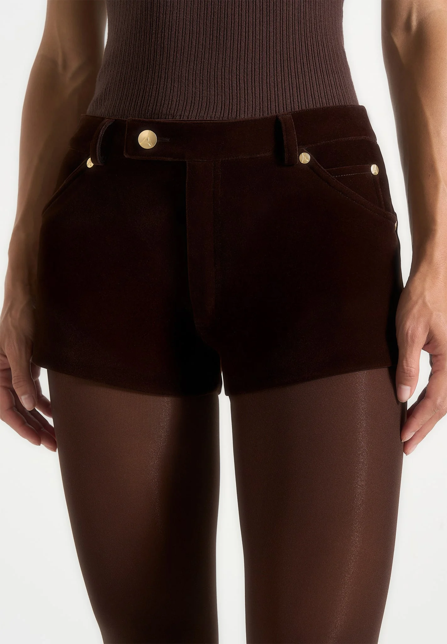 Samia - Velvet Patent Mini Shorts - Brown - Image 3