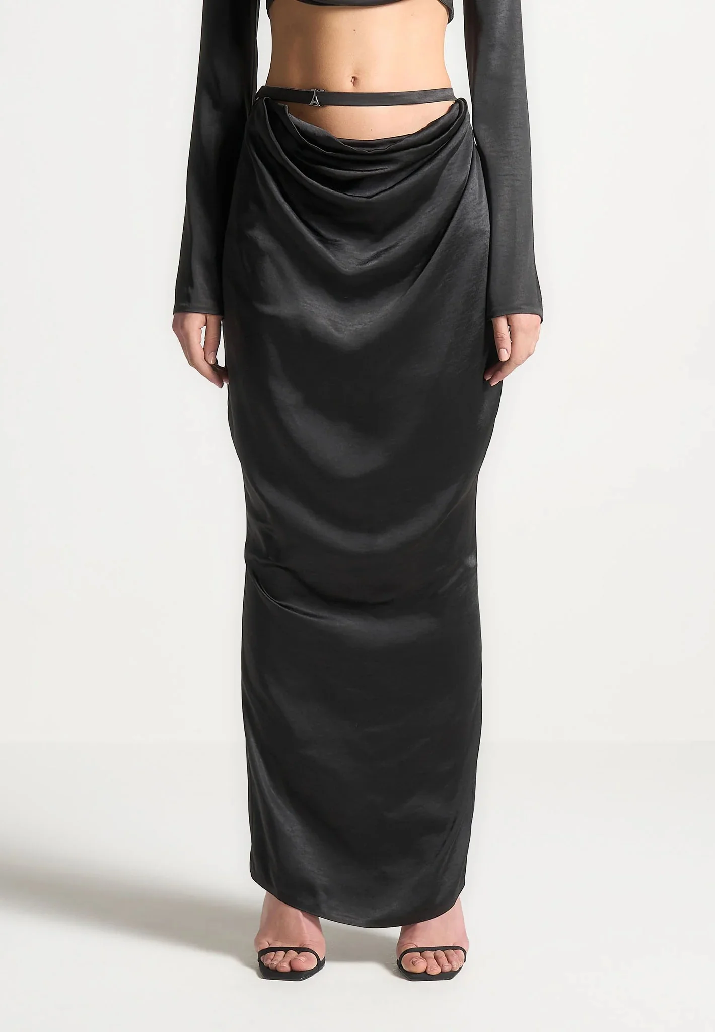 Satin Drape Belted Maxi Skirt - Black - Image 3