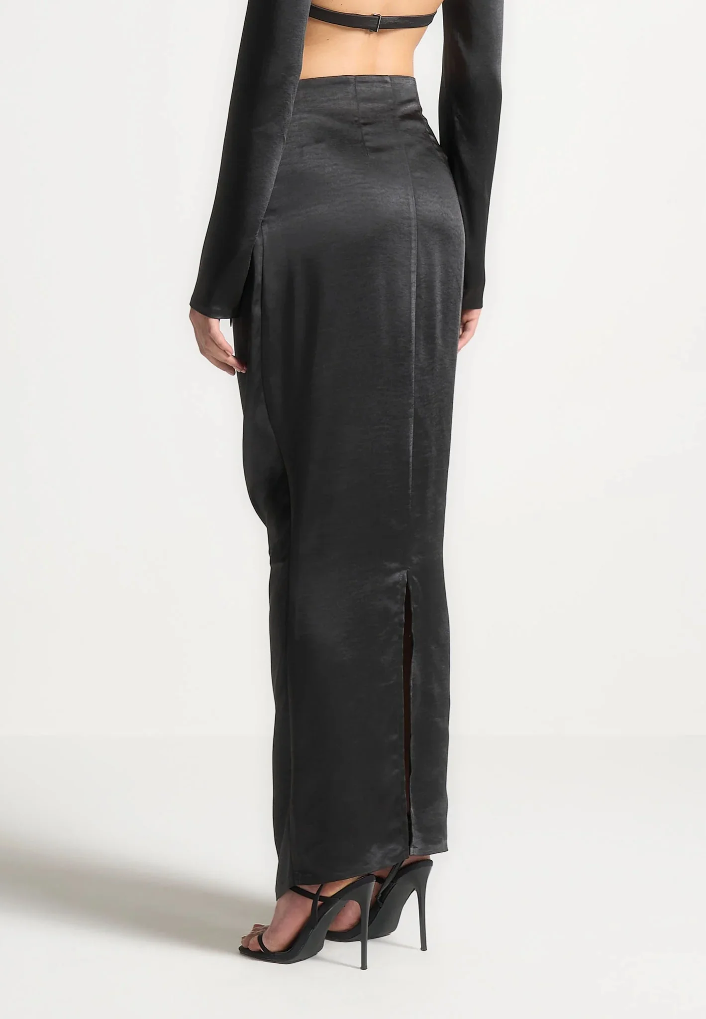 Satin Drape Belted Maxi Skirt - Black - Image 4
