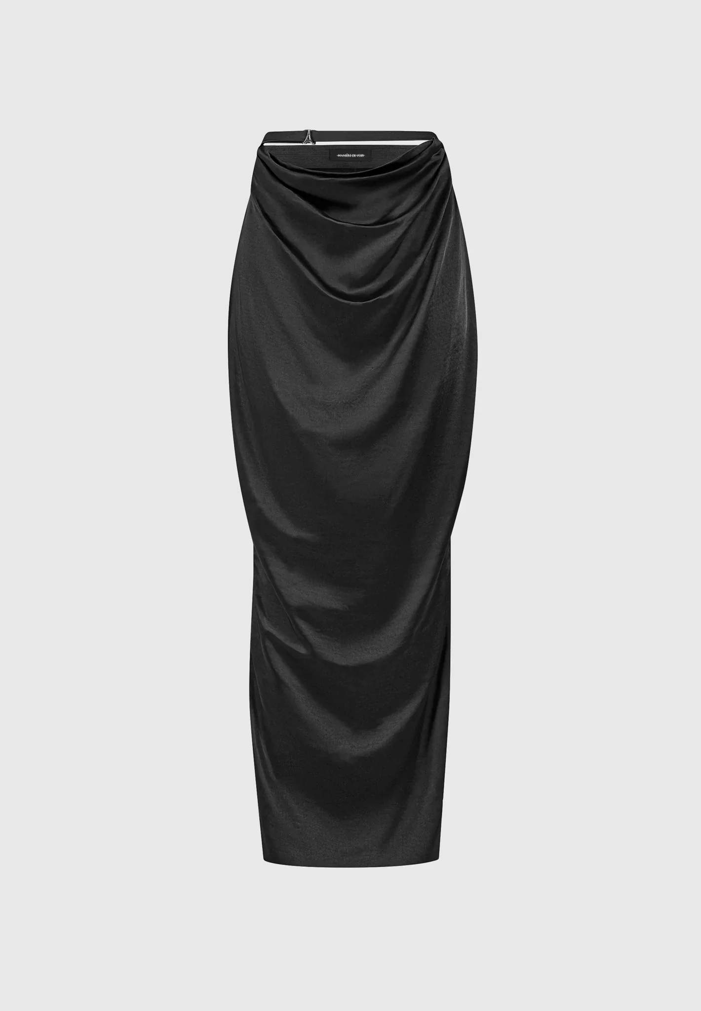 Satin Drape Belted Maxi Skirt - Black - Image 5