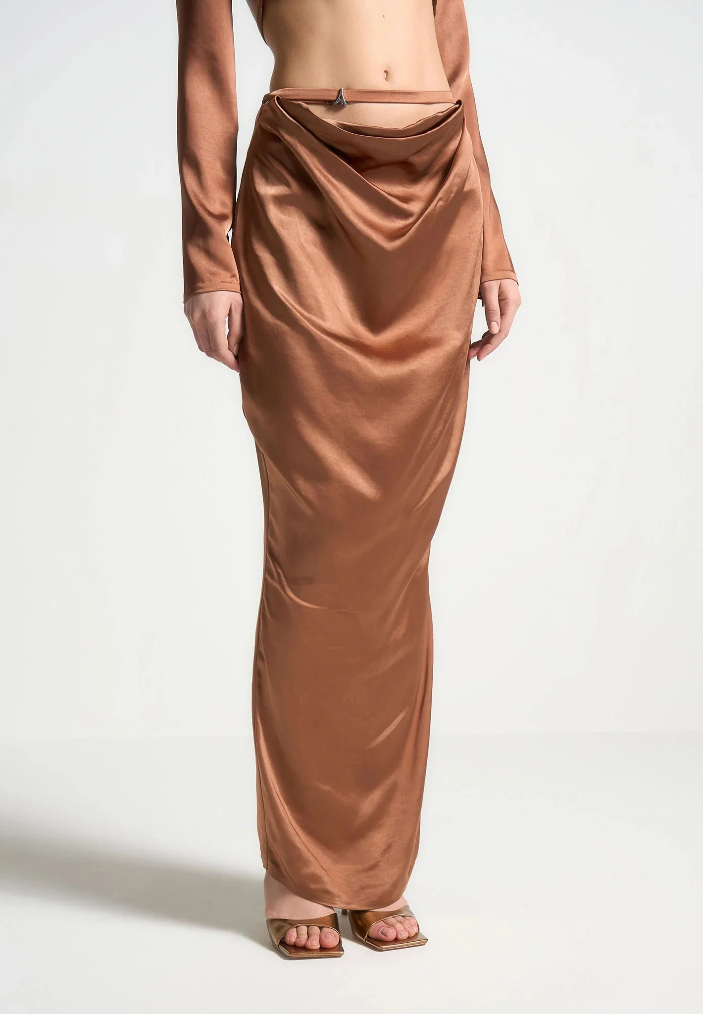 Satin Drape Belted Maxi Skirt - Bronze - Image 4