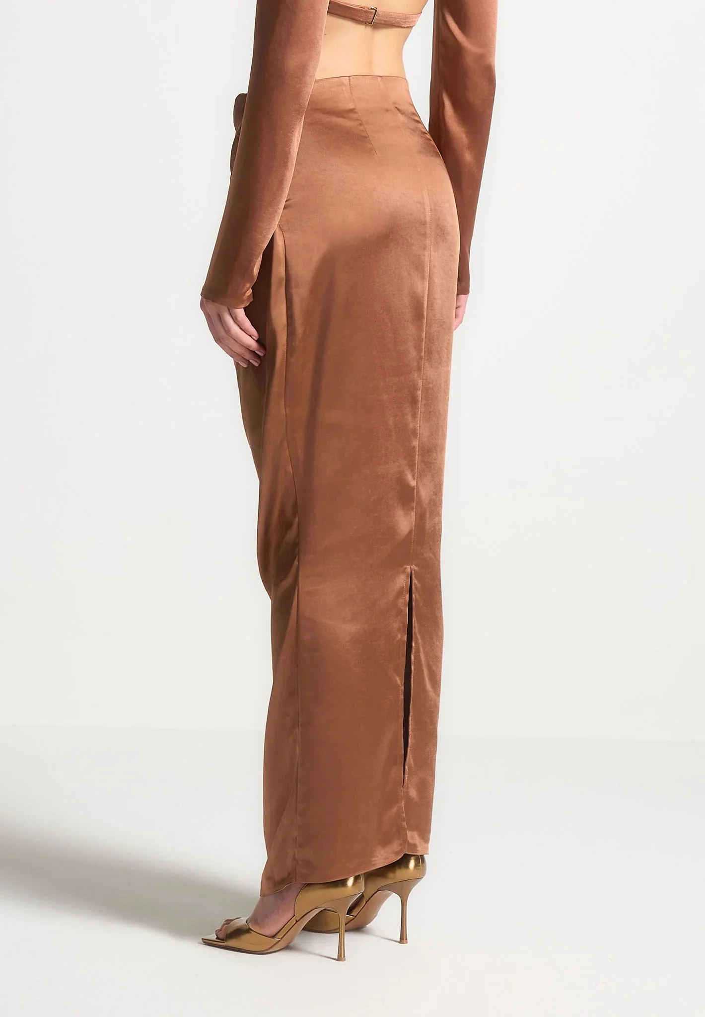 Satin Drape Belted Maxi Skirt - Bronze - Image 5