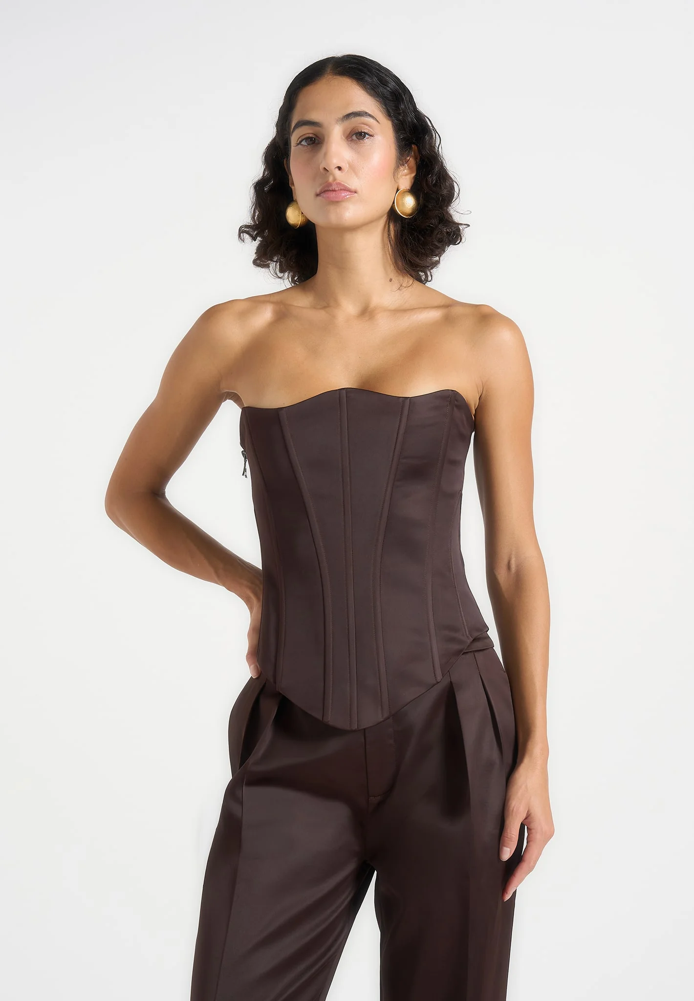Scarlett - Satin Lace Up Corset - Brown - Image 3