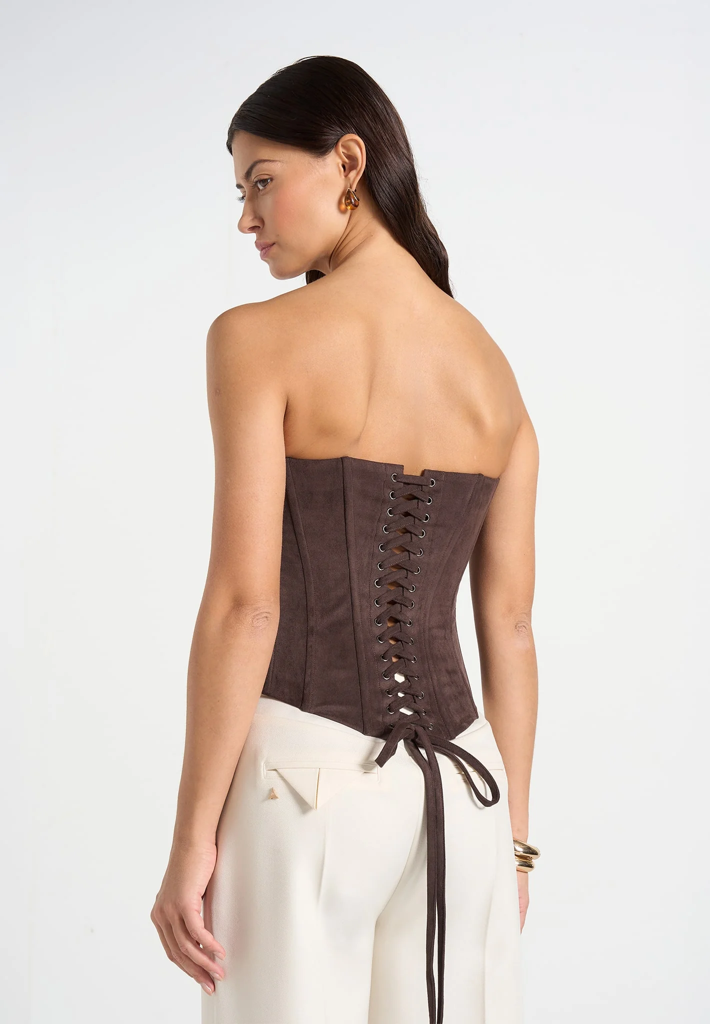 Scarlett - Suede Lace Up Corset  - Brown - Image 11