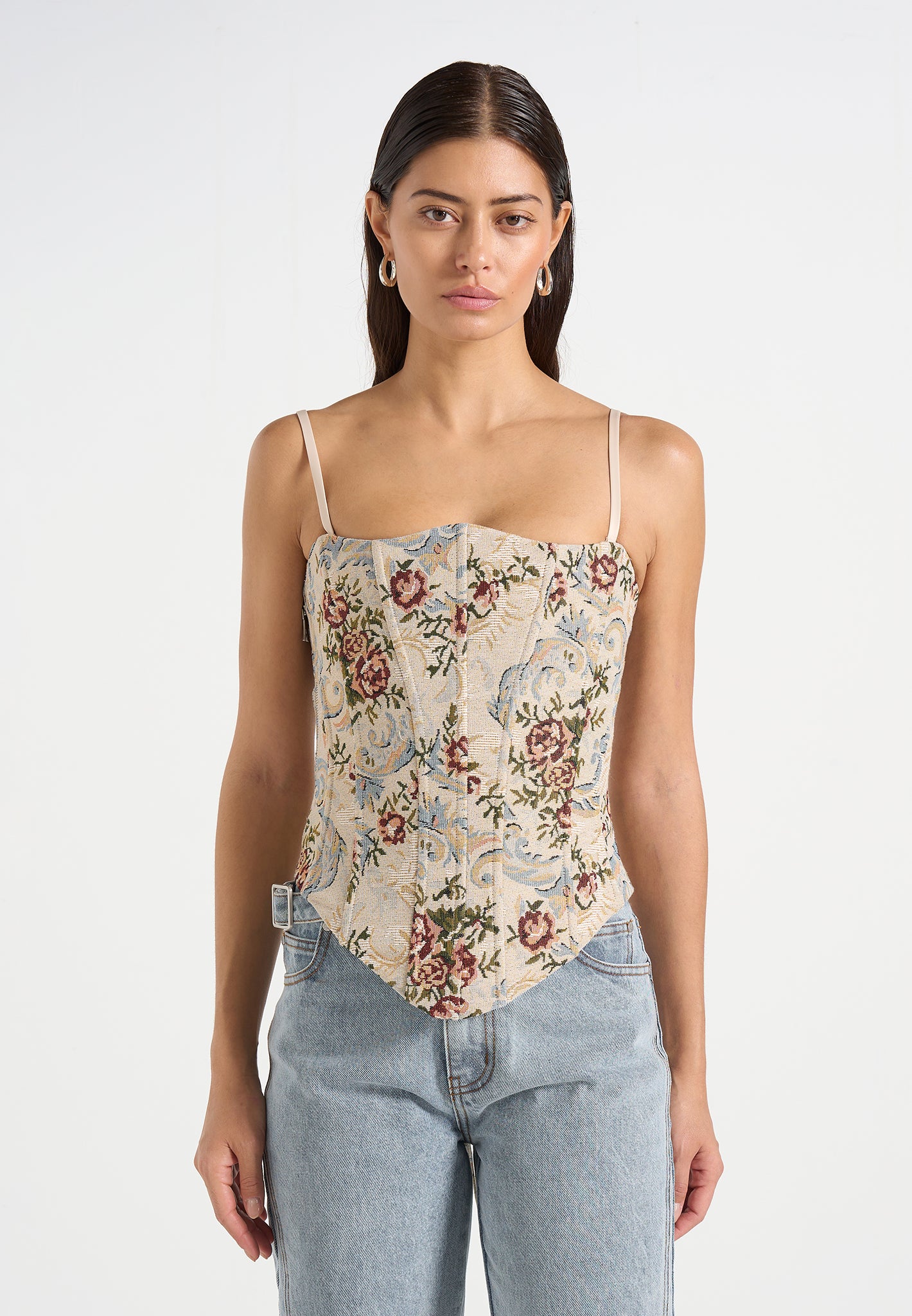 Scarlett - Tapestry Lace Up Corset - Beige - Image 4