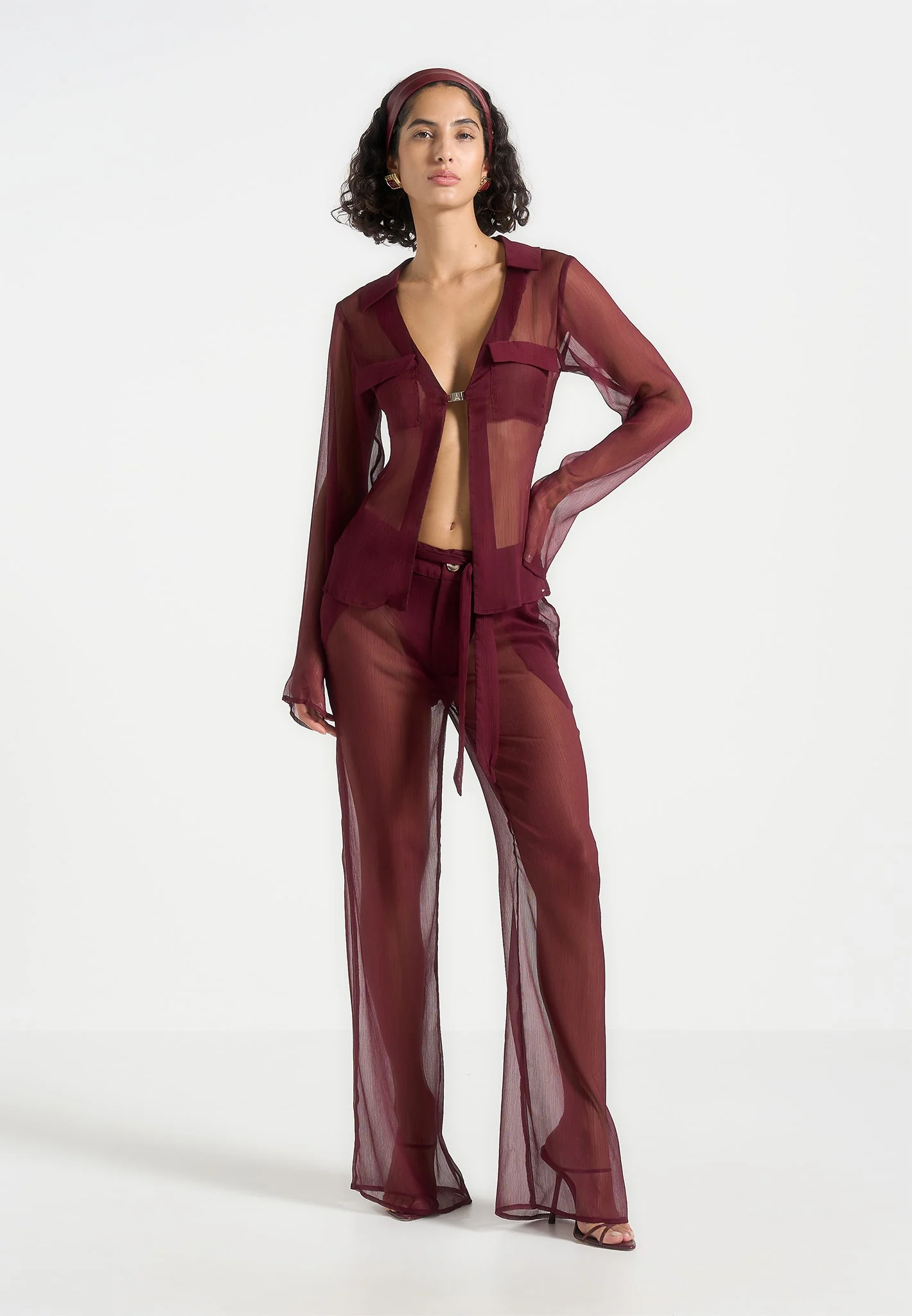 Sheer Belted Trousers - Wine Red - Image 2