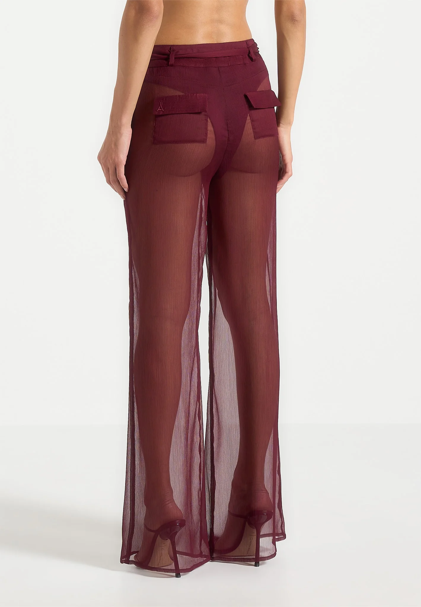 Sheer Belted Trousers - Wine Red - Image 5