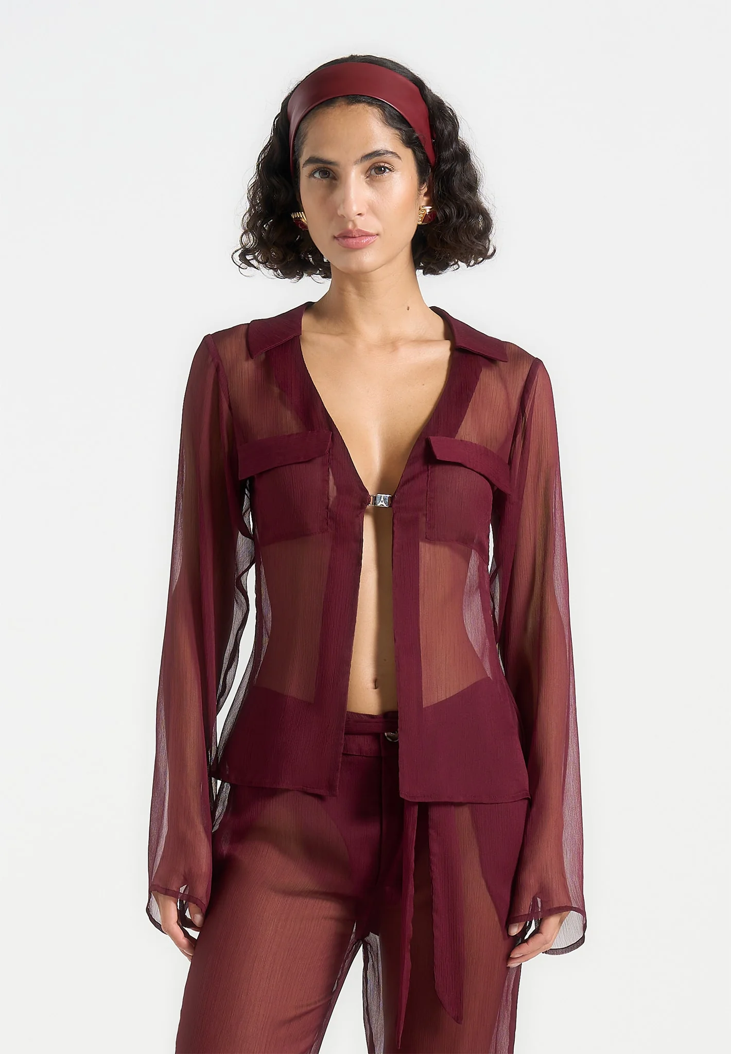 Sheer Shirt with Clasp - Wine Red - Image 2