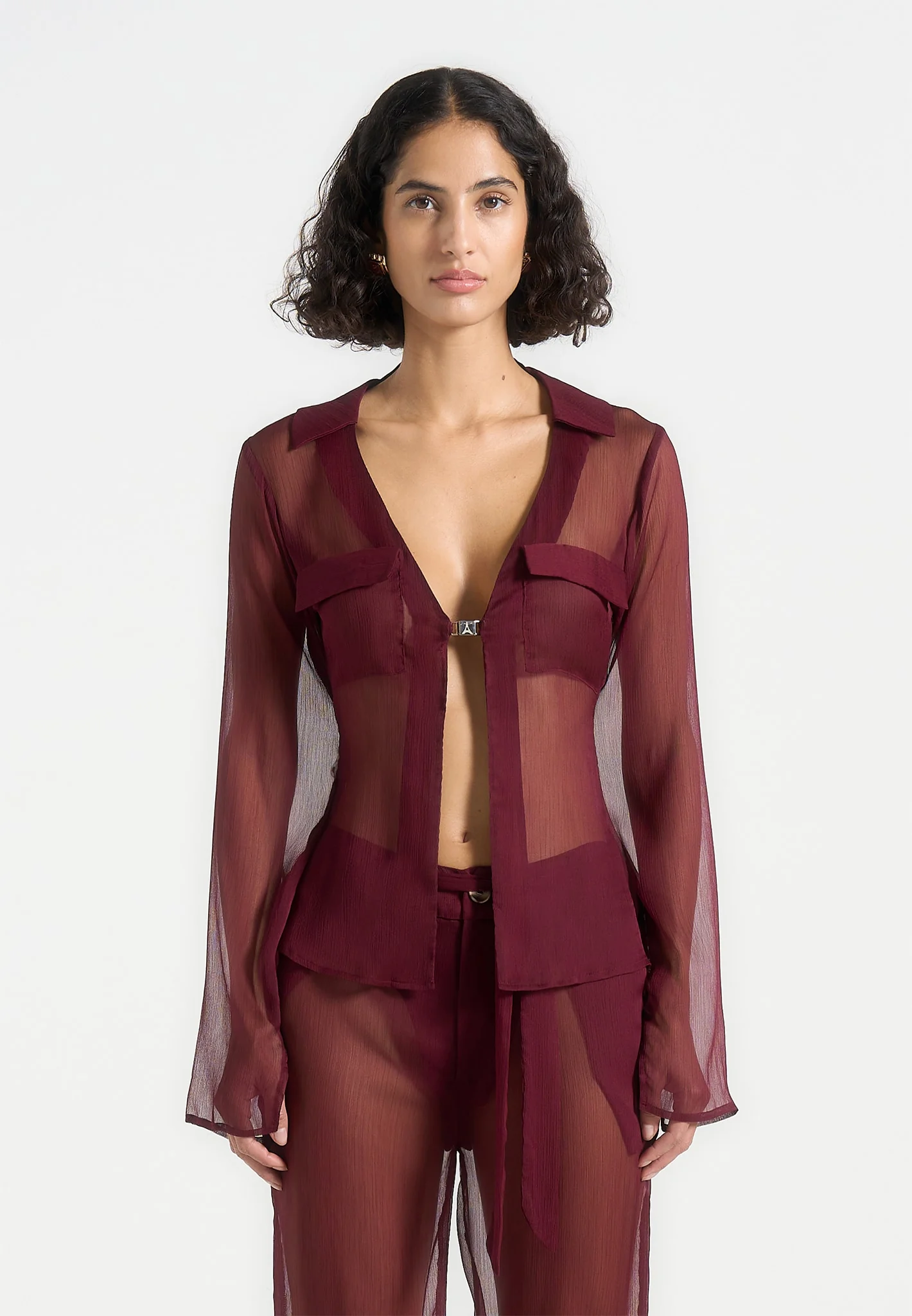 Sheer Shirt with Clasp - Wine Red - Image 4