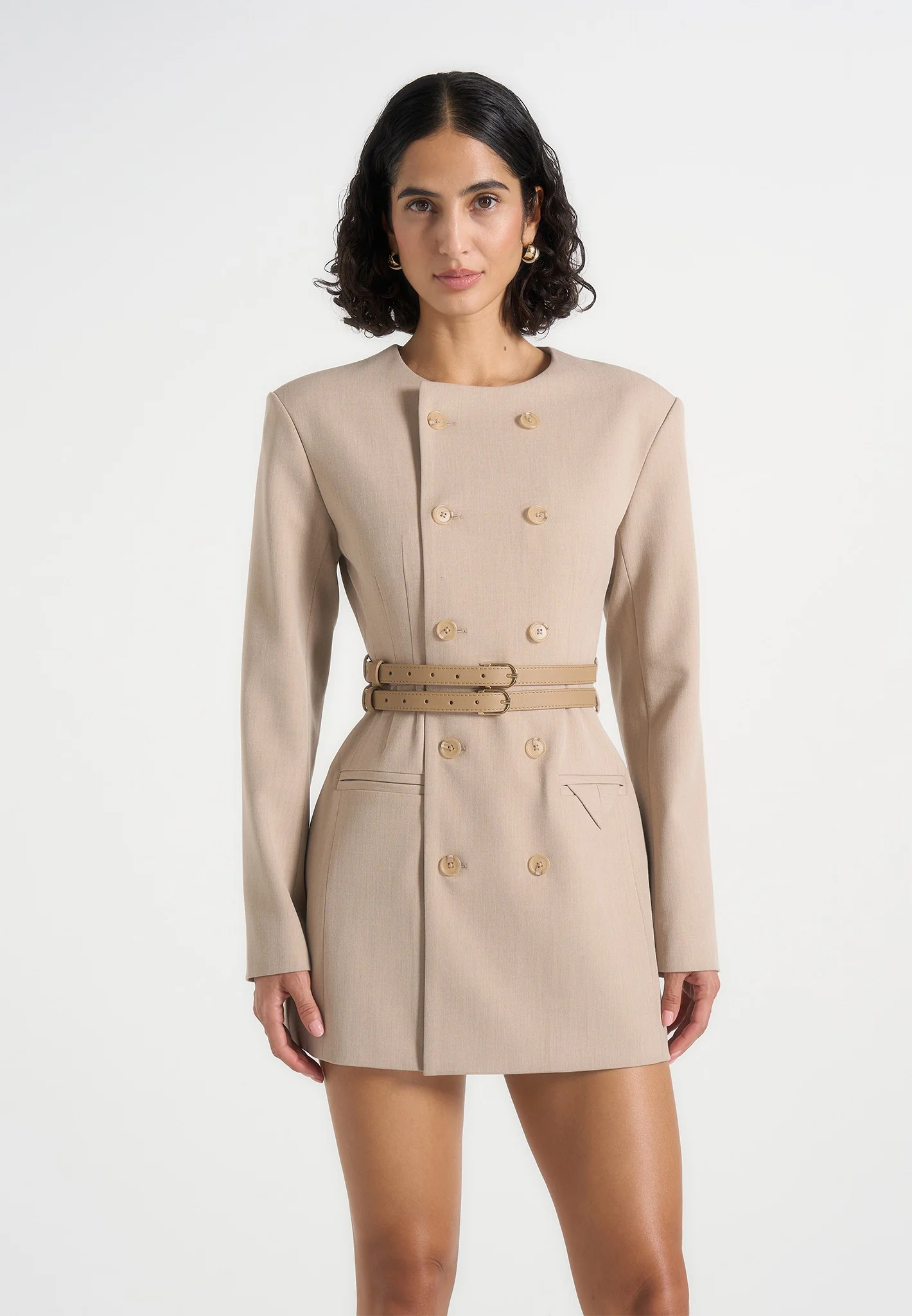 Sierra - Double Breasted Belted Blazer Dress - Beige - Image 2