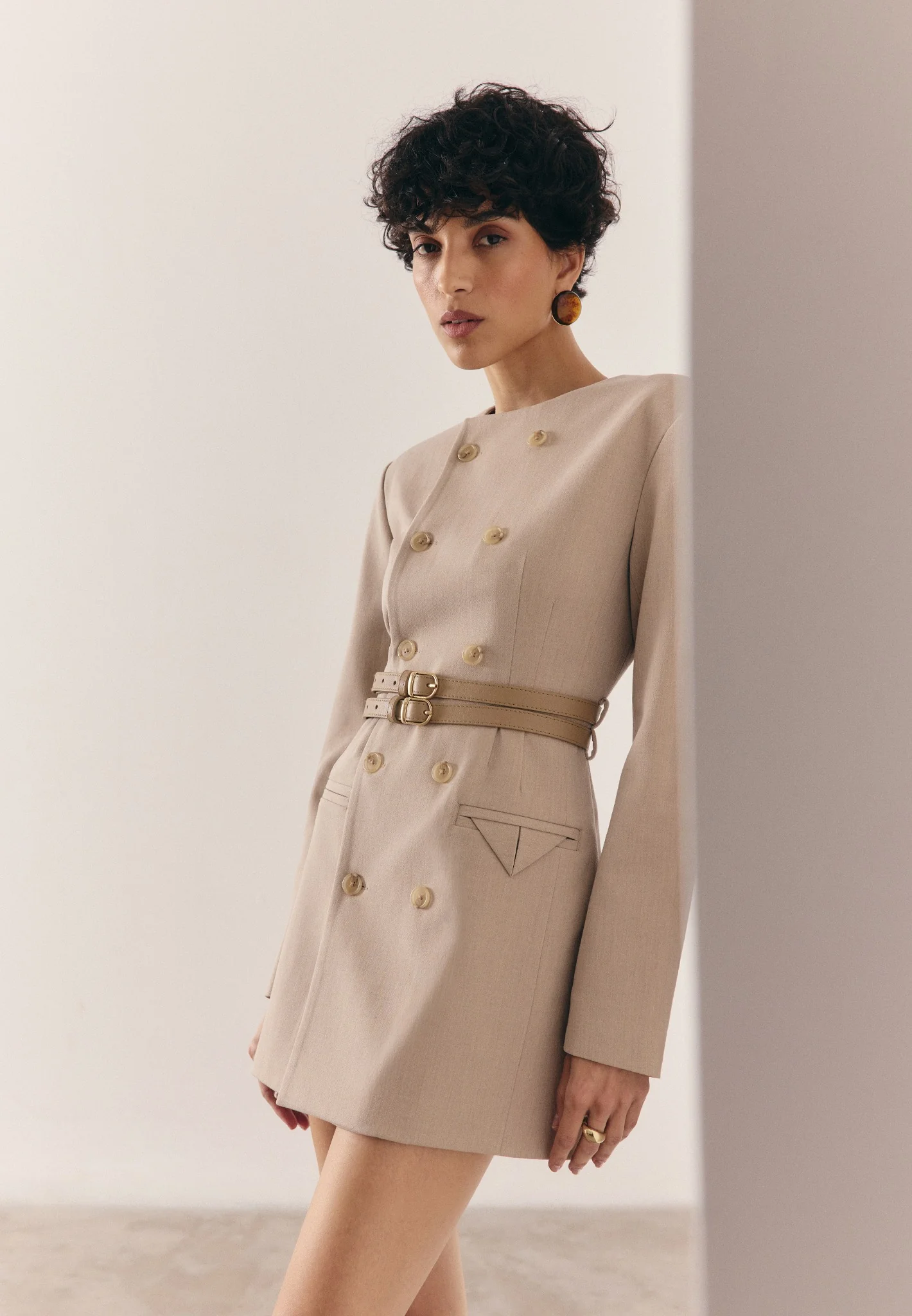 Sierra - Double Breasted Belted Blazer Dress - Beige - Image 7