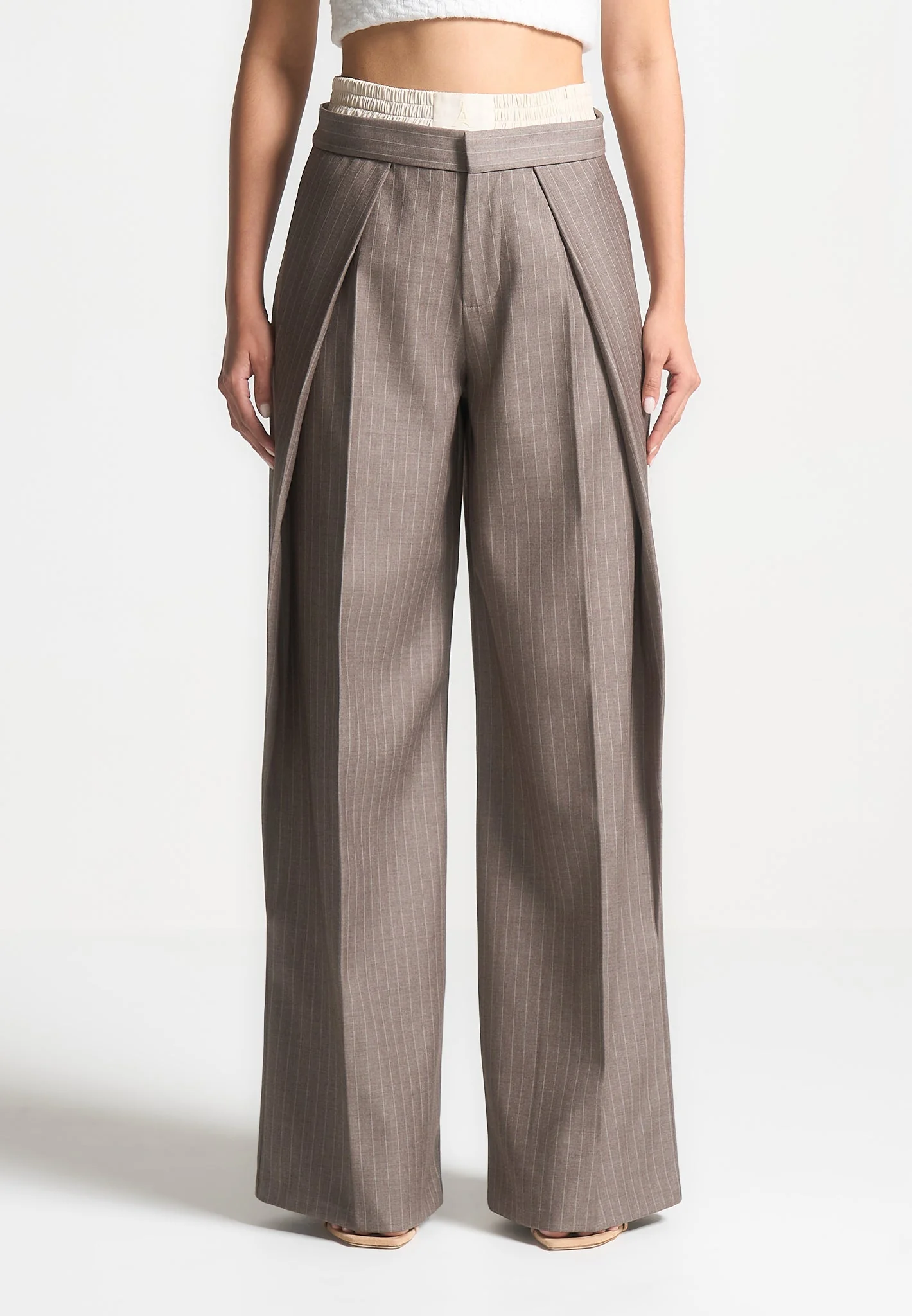 Sofia - Satin Waistband Pinstripe Trousers - Taupe - Image 3