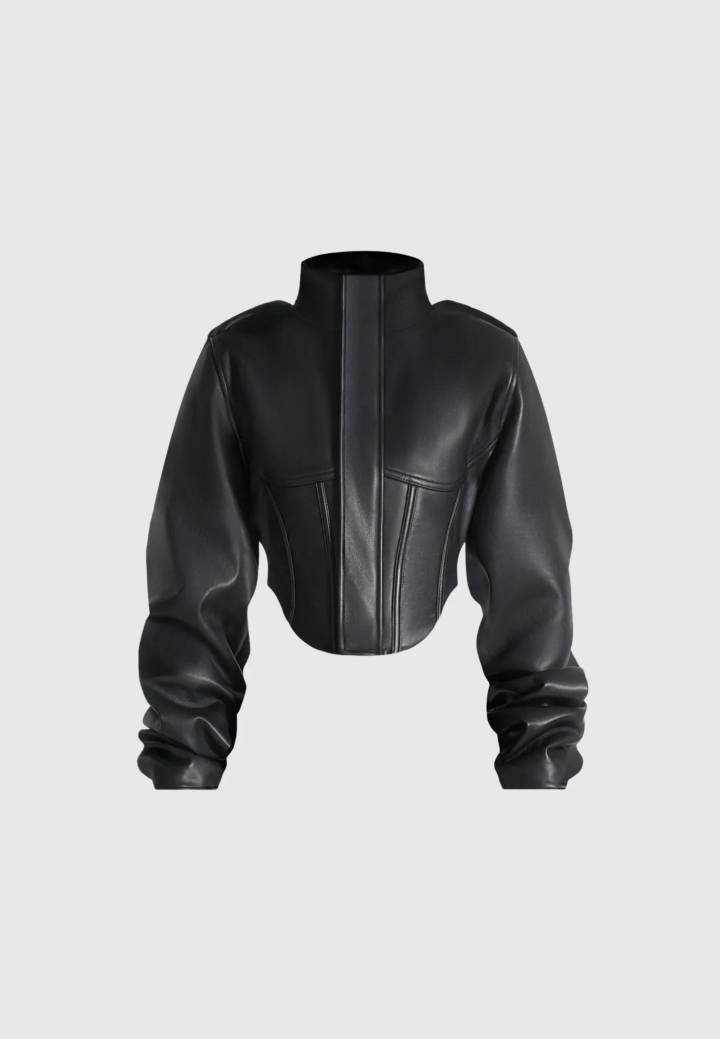 Solange - Leather Tacked Sleeve Corset Jacket - Black - Image 7