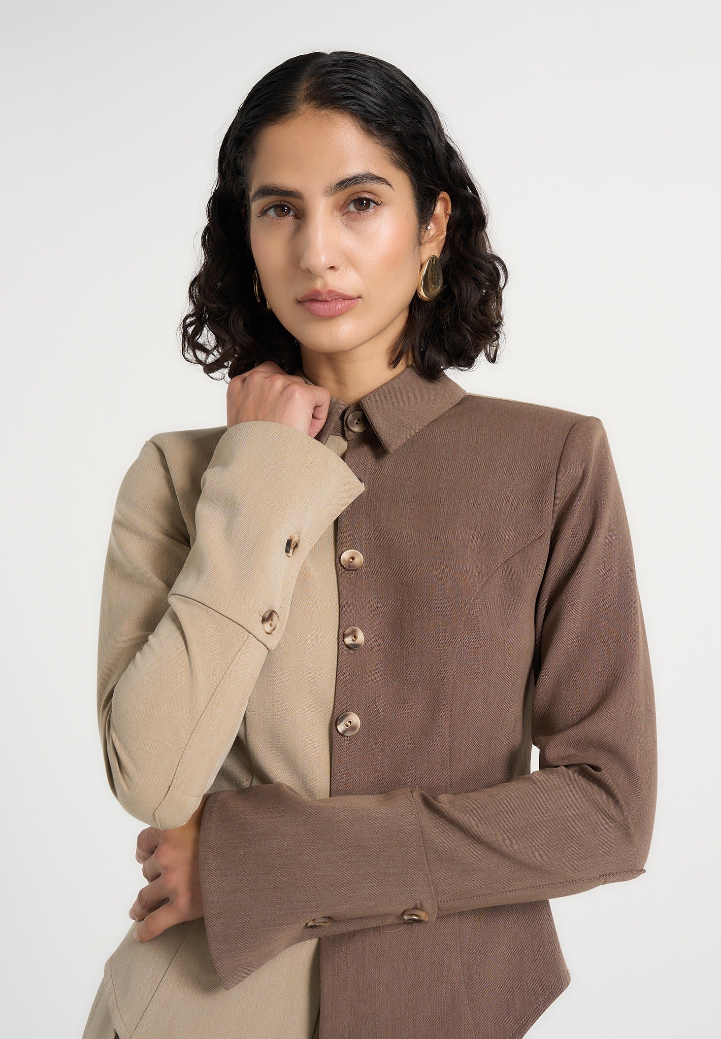 Sonia - Two Tone Tailored Shirt - Taupe/Brown - Image 2