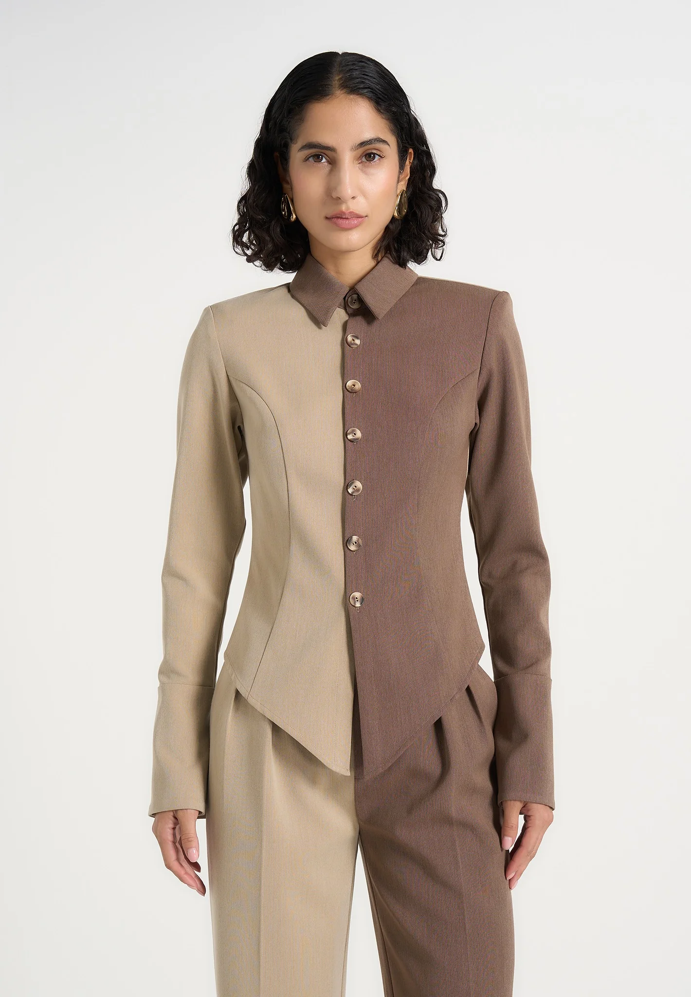 Sonia - Two Tone Tailored Shirt - Taupe/Brown - Image 3