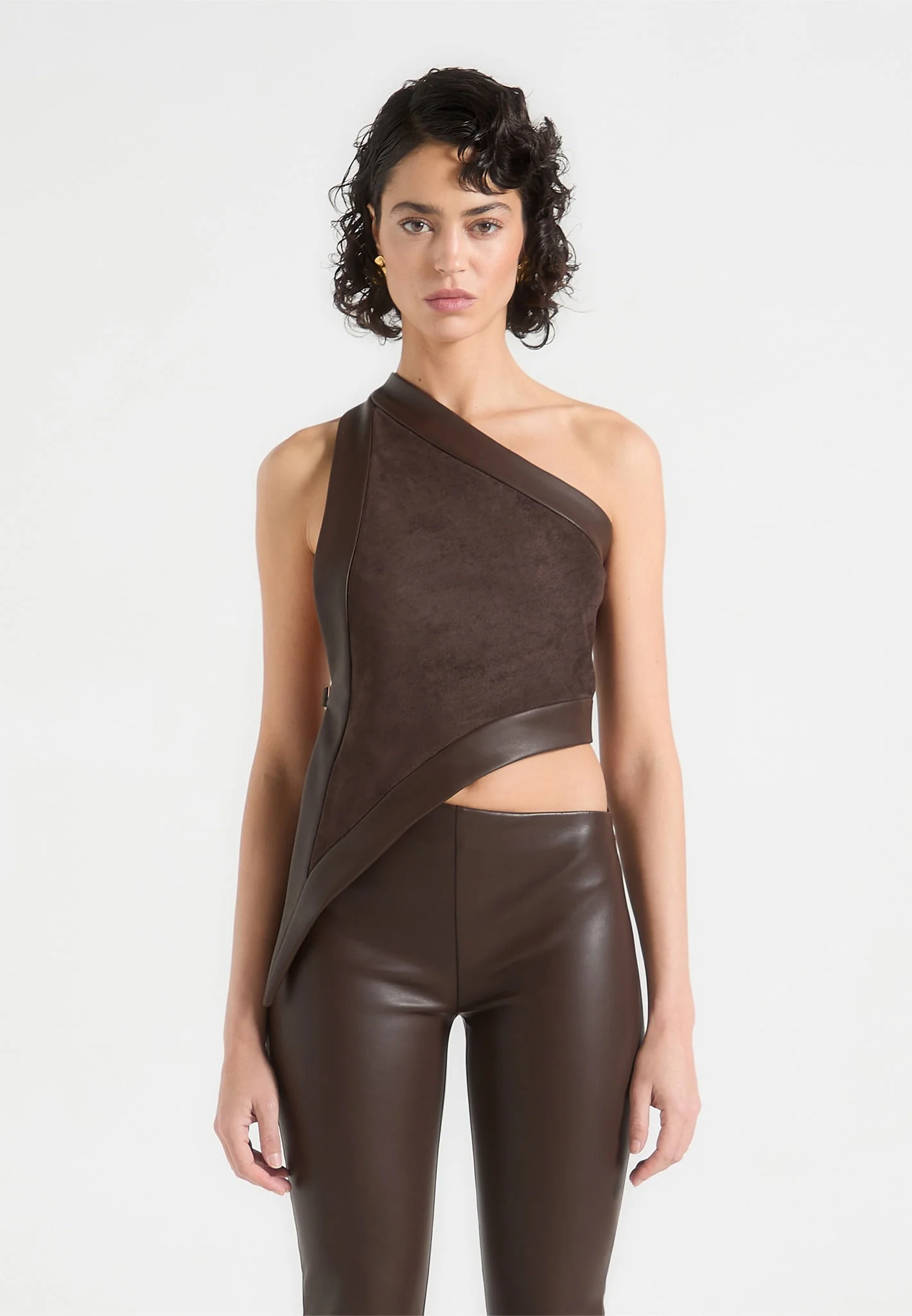 Suede & Leather Asymmetric Backless Top - Brown - Image 4