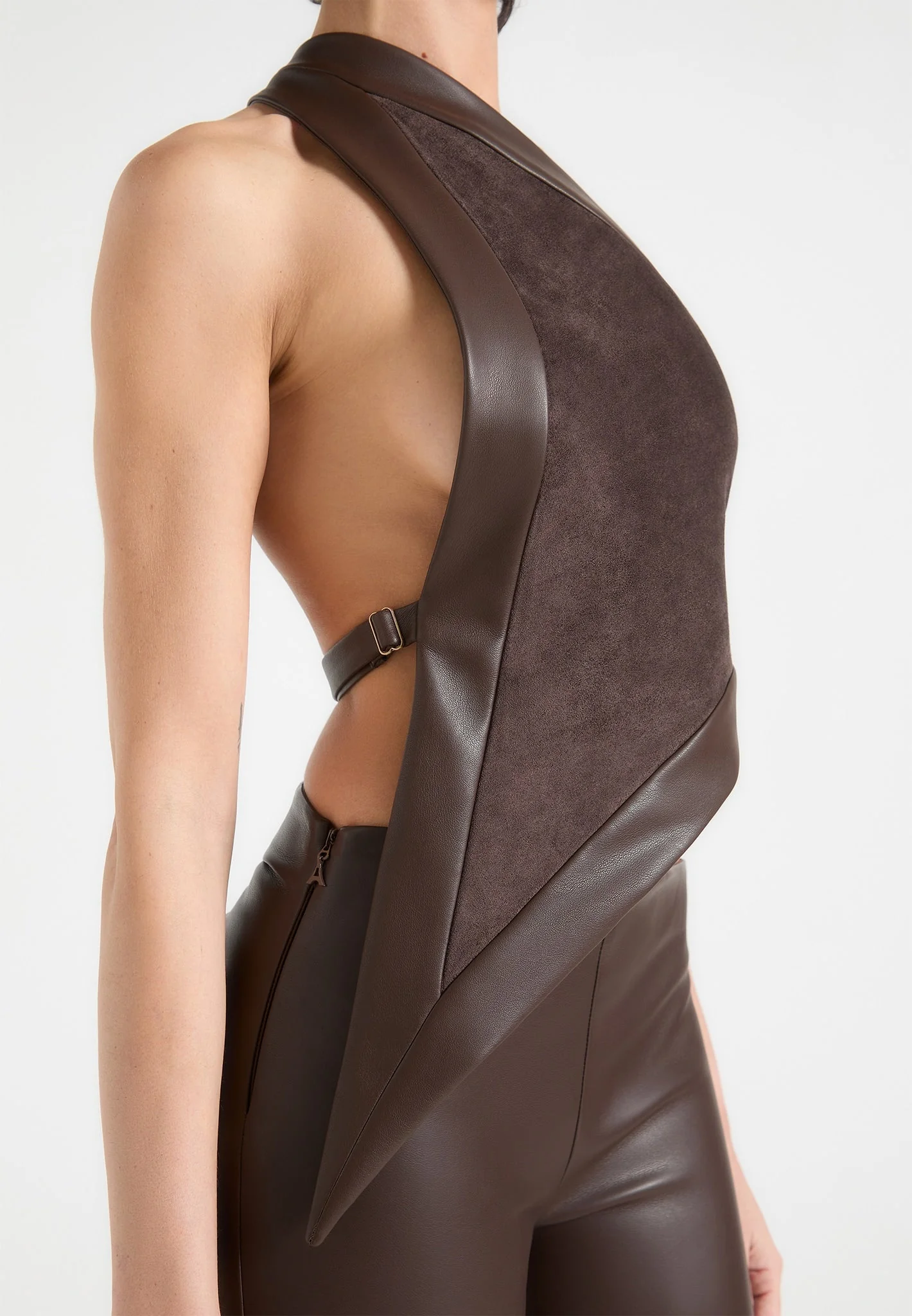 Suede & Leather Asymmetric Backless Top - Brown - Image 5