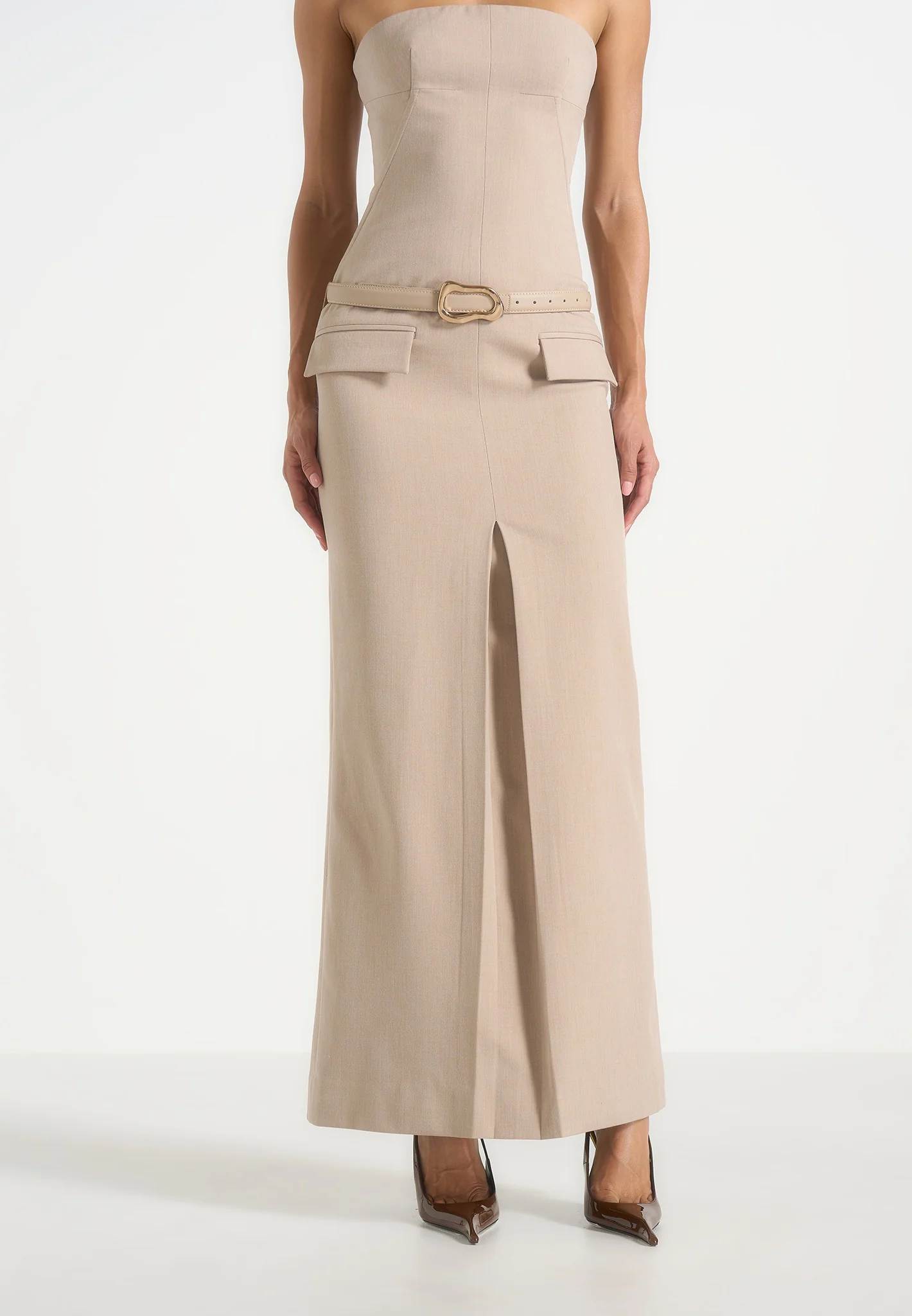 Tabitha - Tailored Bandeau Belted Maxi Dress - Beige - Image 4