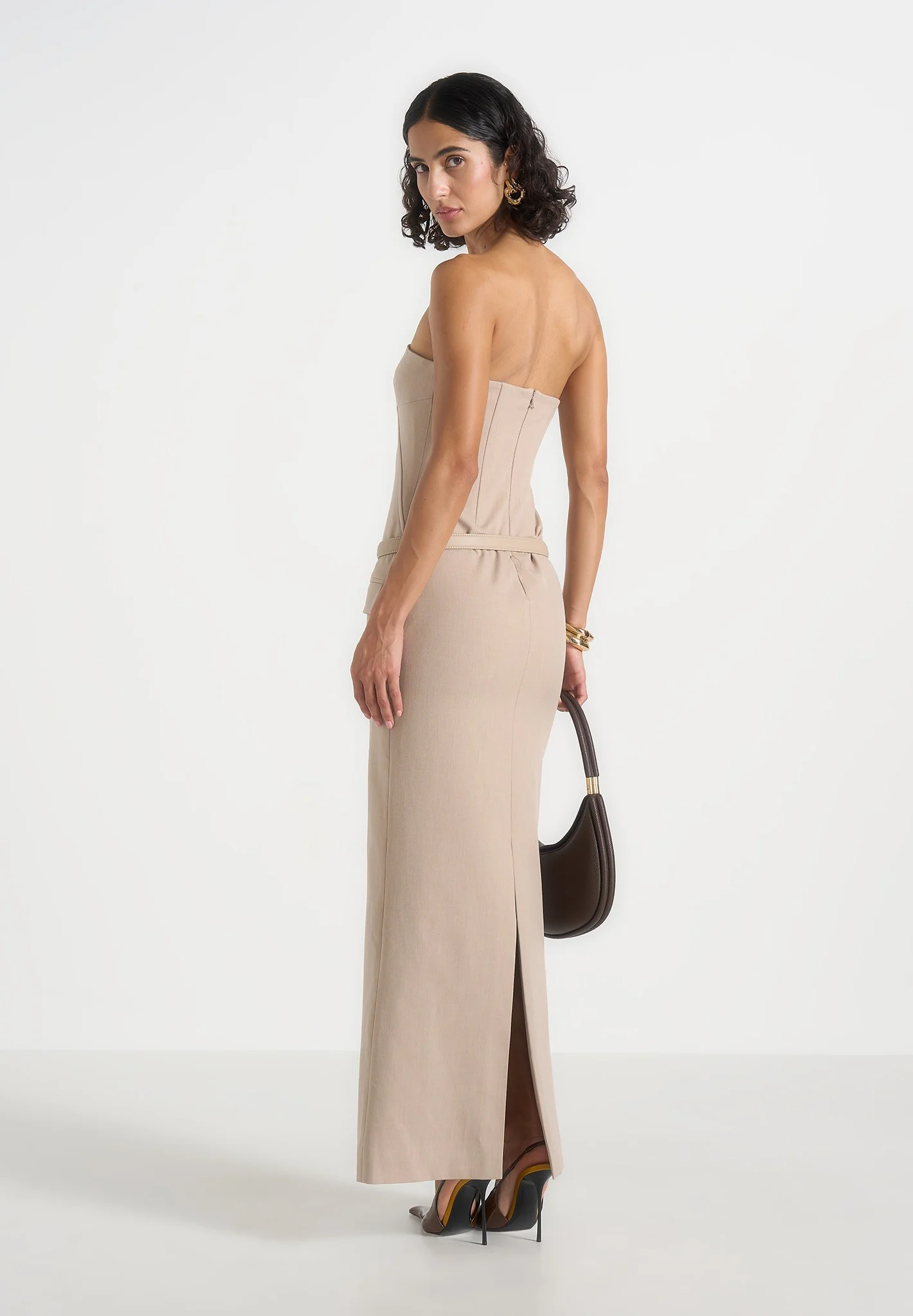 Tabitha - Tailored Bandeau Belted Maxi Dress - Beige - Image 5