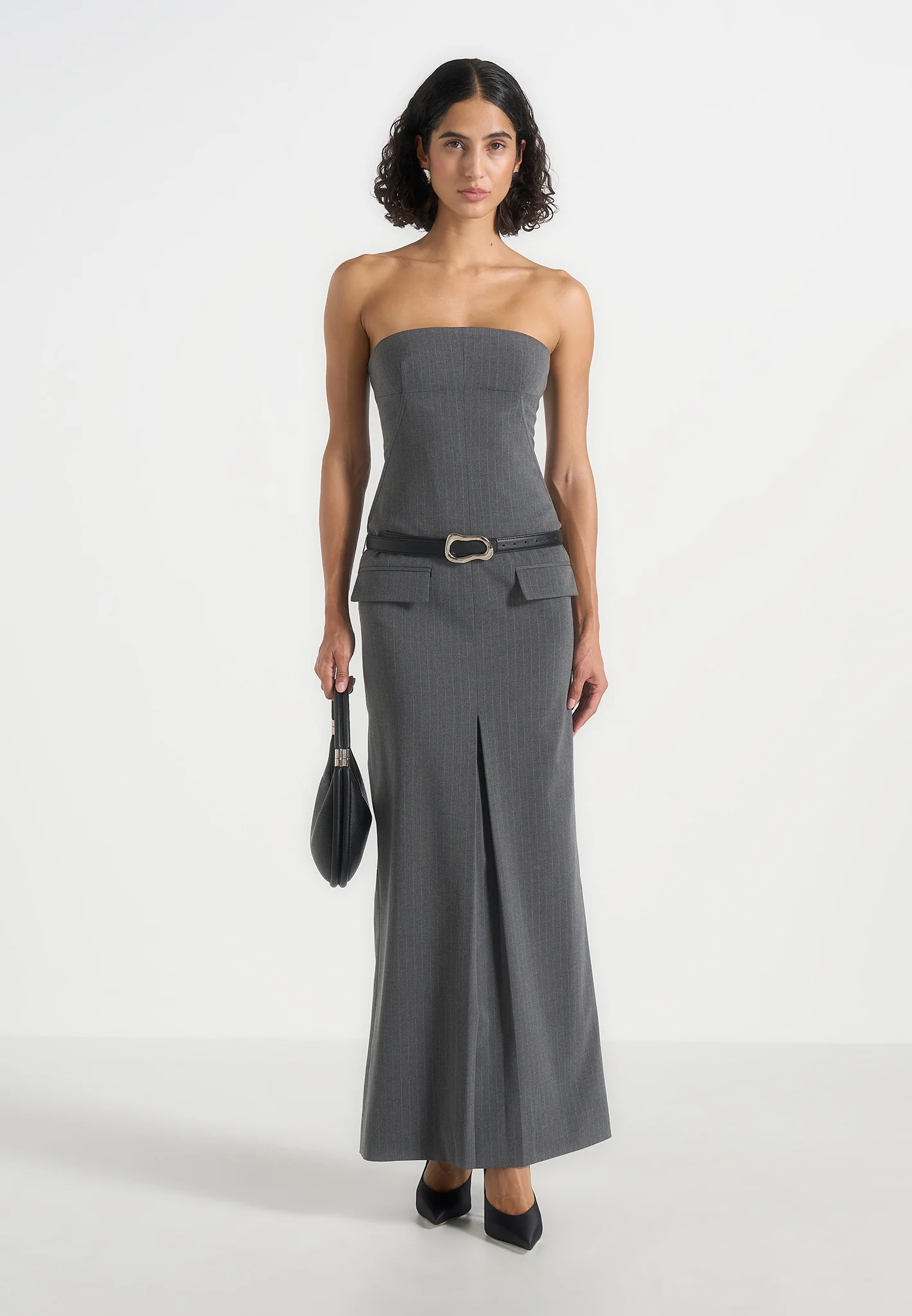 Tabitha - Tailored Pinstripe Bandeau Belted Maxi Dress - Grey