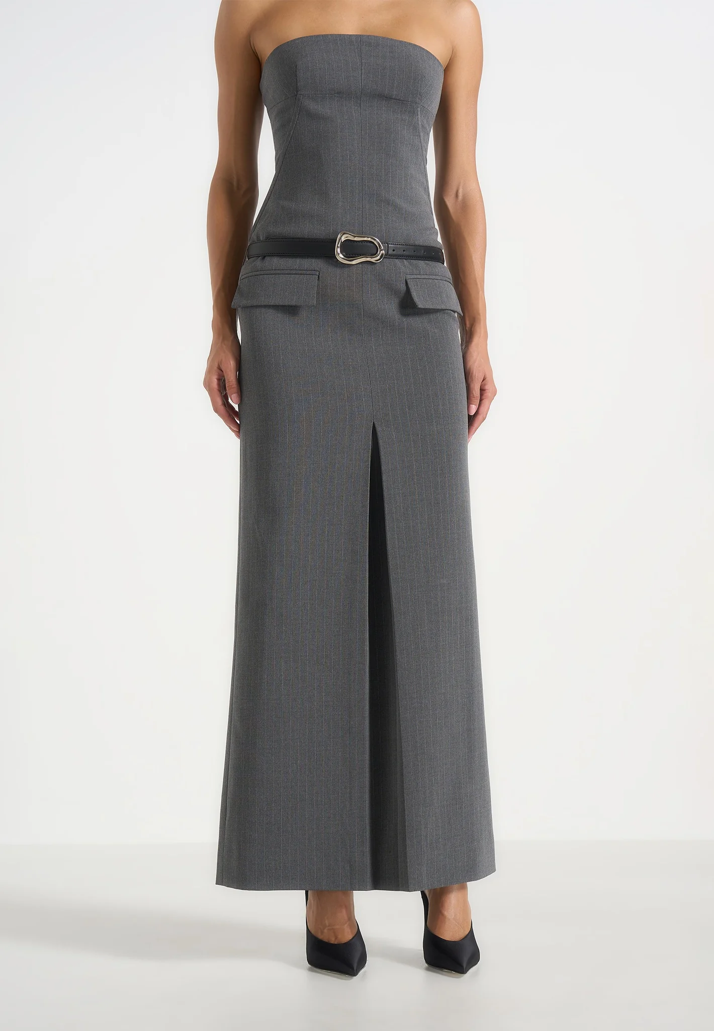 Tabitha - Tailored Pinstripe Bandeau Belted Maxi Dress - Grey - Image 4