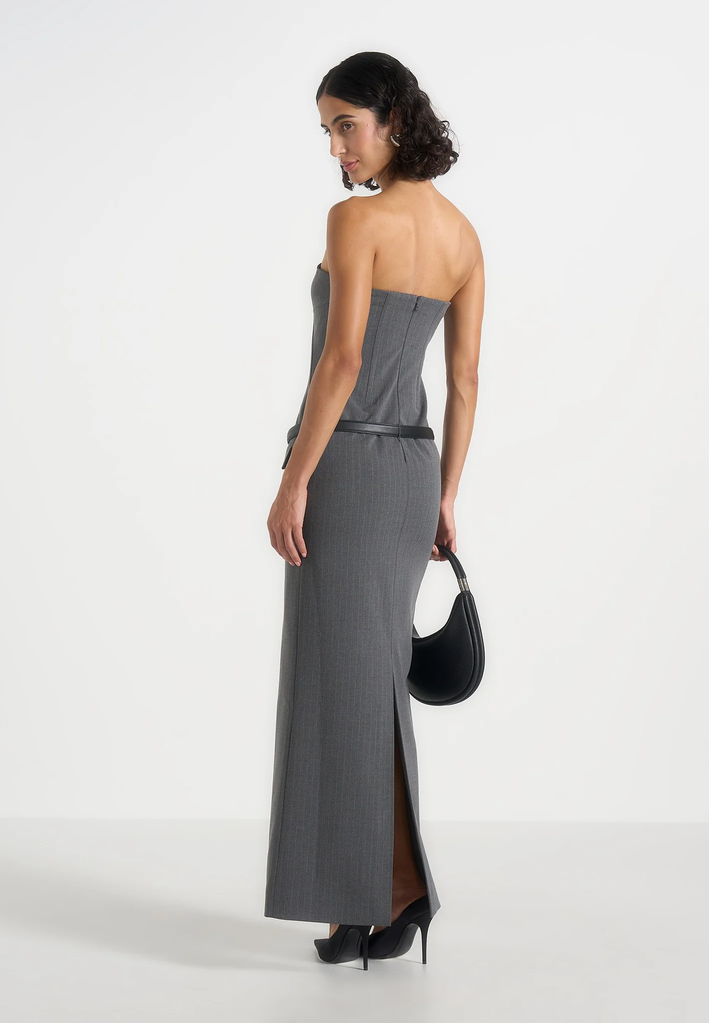 Tabitha - Tailored Pinstripe Bandeau Belted Maxi Dress - Grey - Image 5