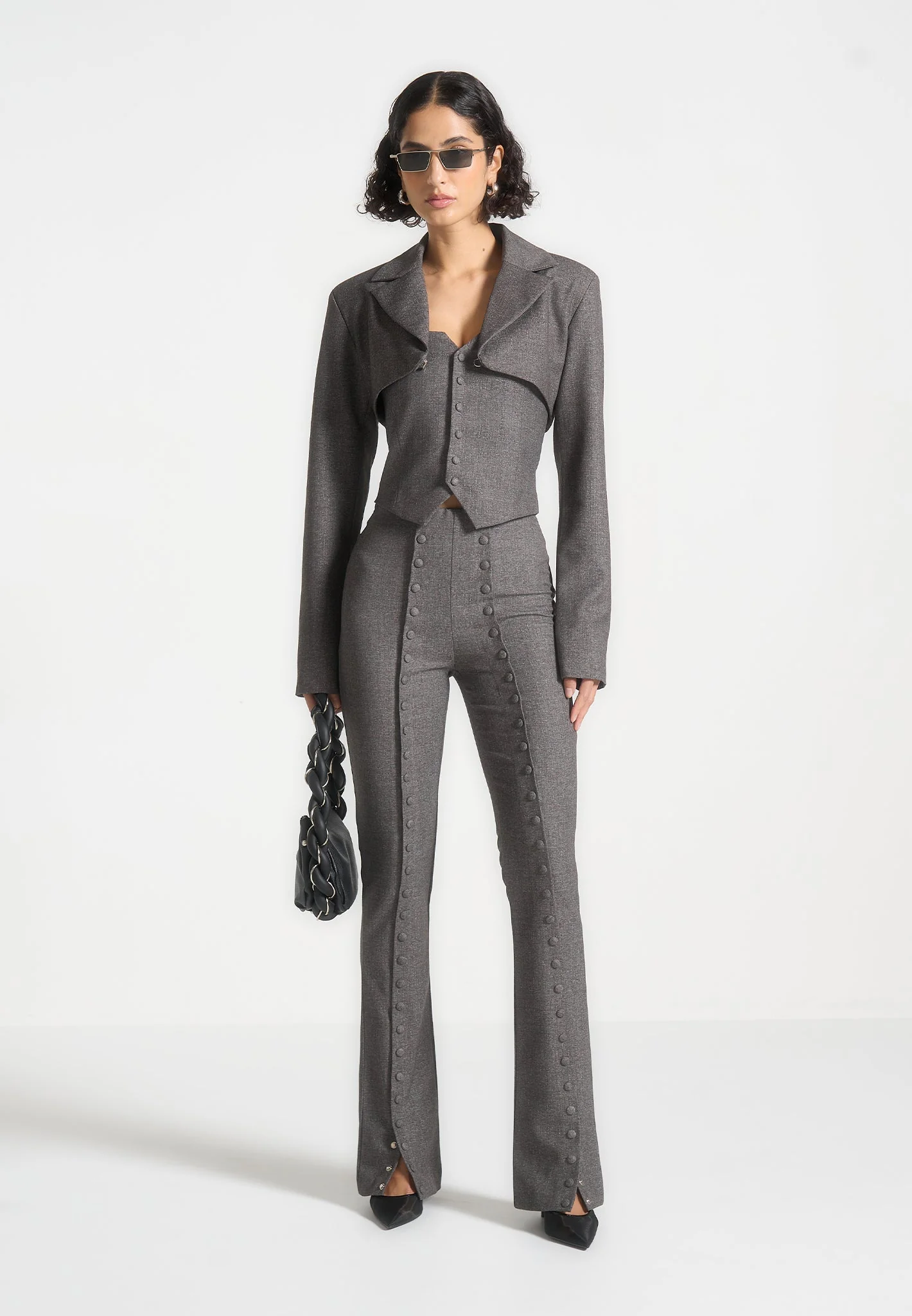 Therese - Tailored Button Detail Trousers - Dark Grey - Image 2