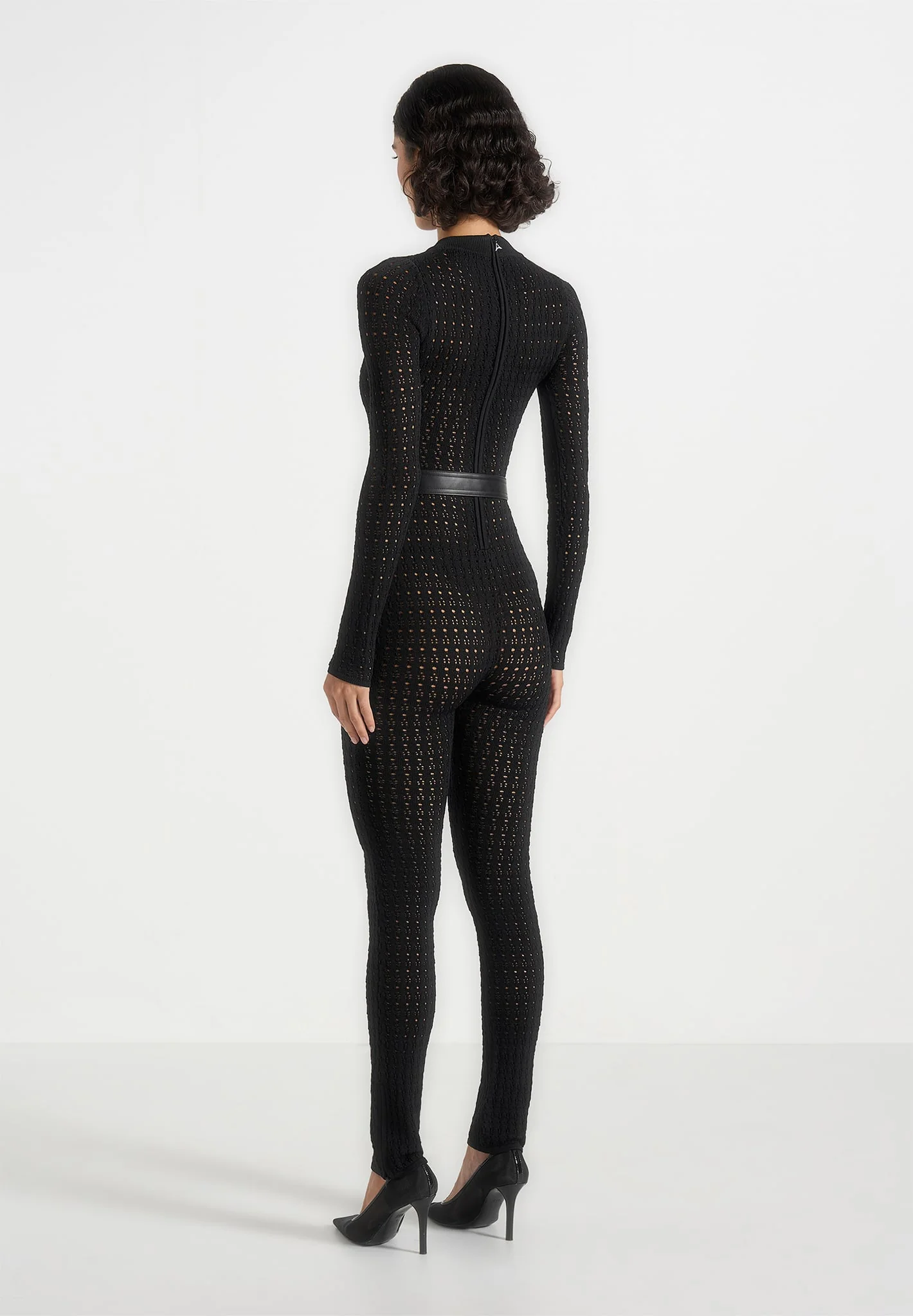 Tiana - Pointelle Knit Long Sleeve Jumpsuit with Belt - Black - Image 5