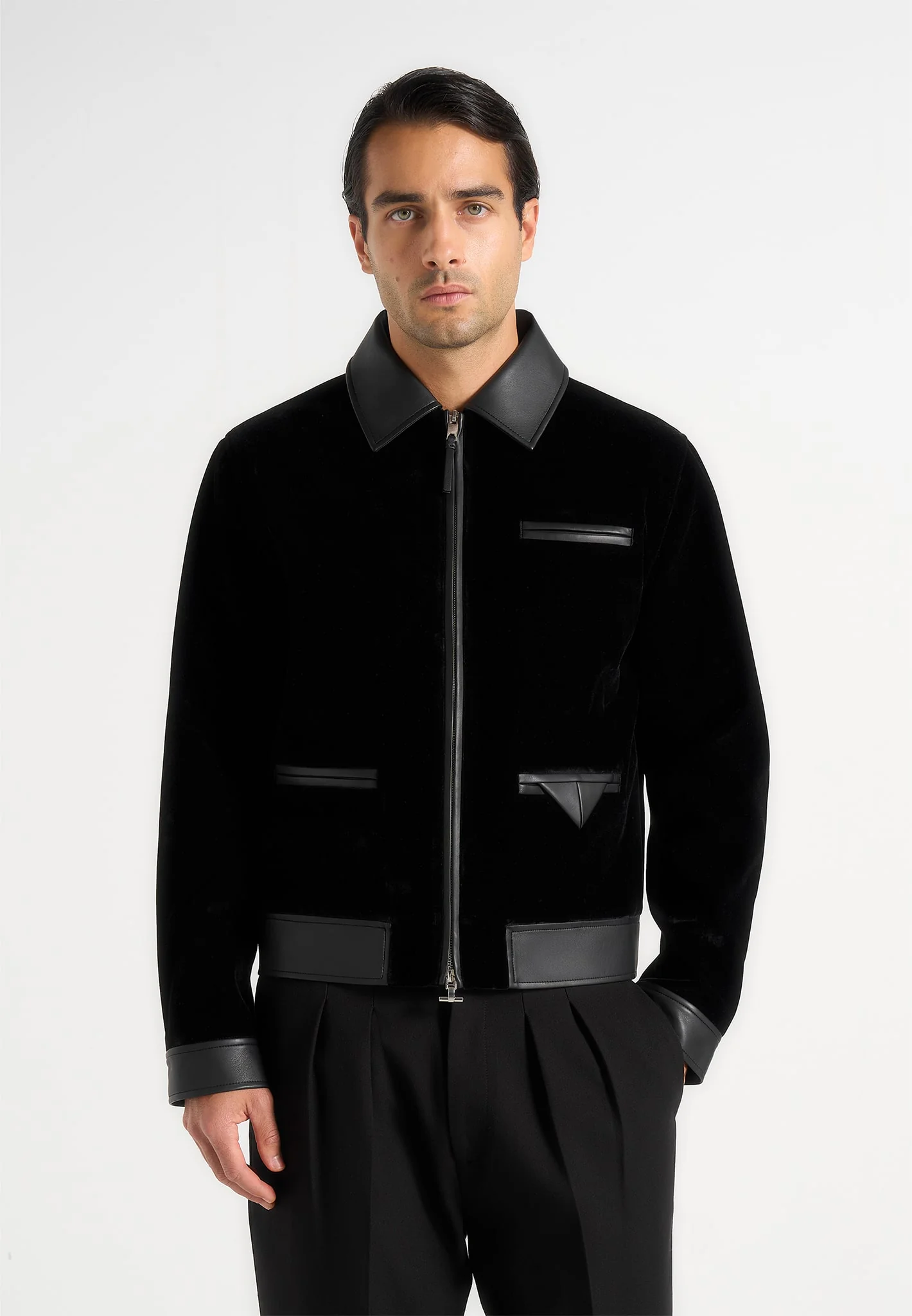 Tony - Velvet & Leather Contrast Jacket - Black