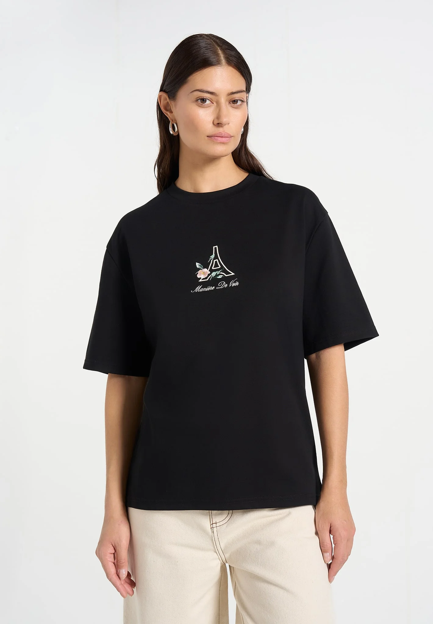 TS008 - Unisex Floral Eiffel Cotton T-Shirt - Black - Image 3